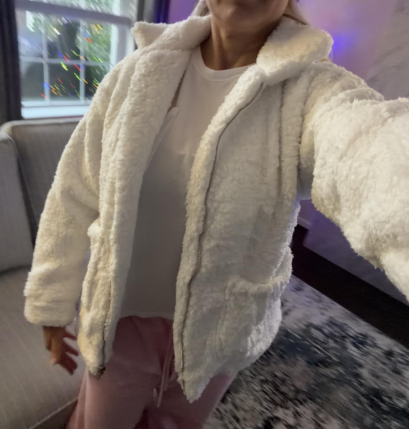 Comeon Women's Coat Casual Lapel Fleece Fuzzy Faux Shearling Zipper Coats Warm Winter Oversized Outwear Jackets customer photo 2