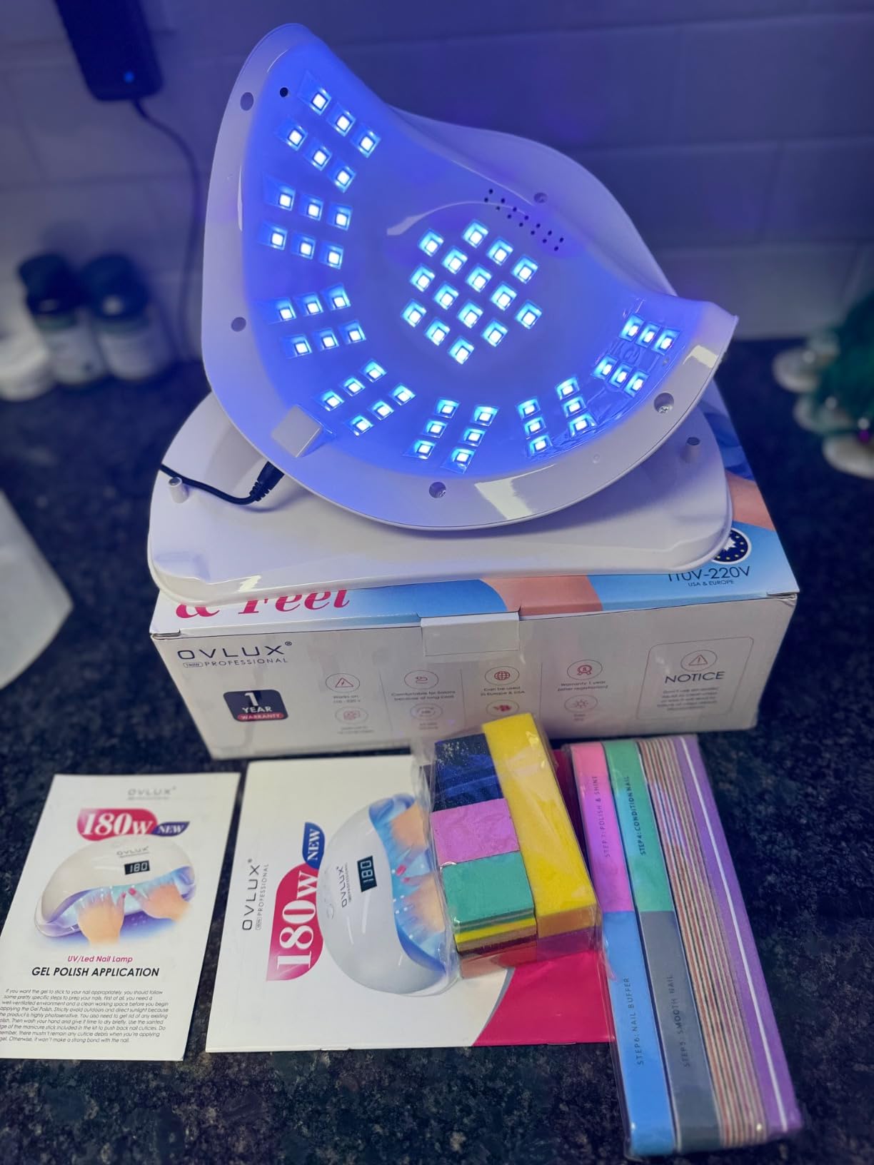 OVLUX 180W UV LED Nail Lamp Professional – Fast Gel Nail Dryer with 57 LEDs, LCD Countdown, Auto Sensor & Low Heat Mode, UV Light for Gel Nails, Salon & Home, Nail Buffer & File Set customer photo 2