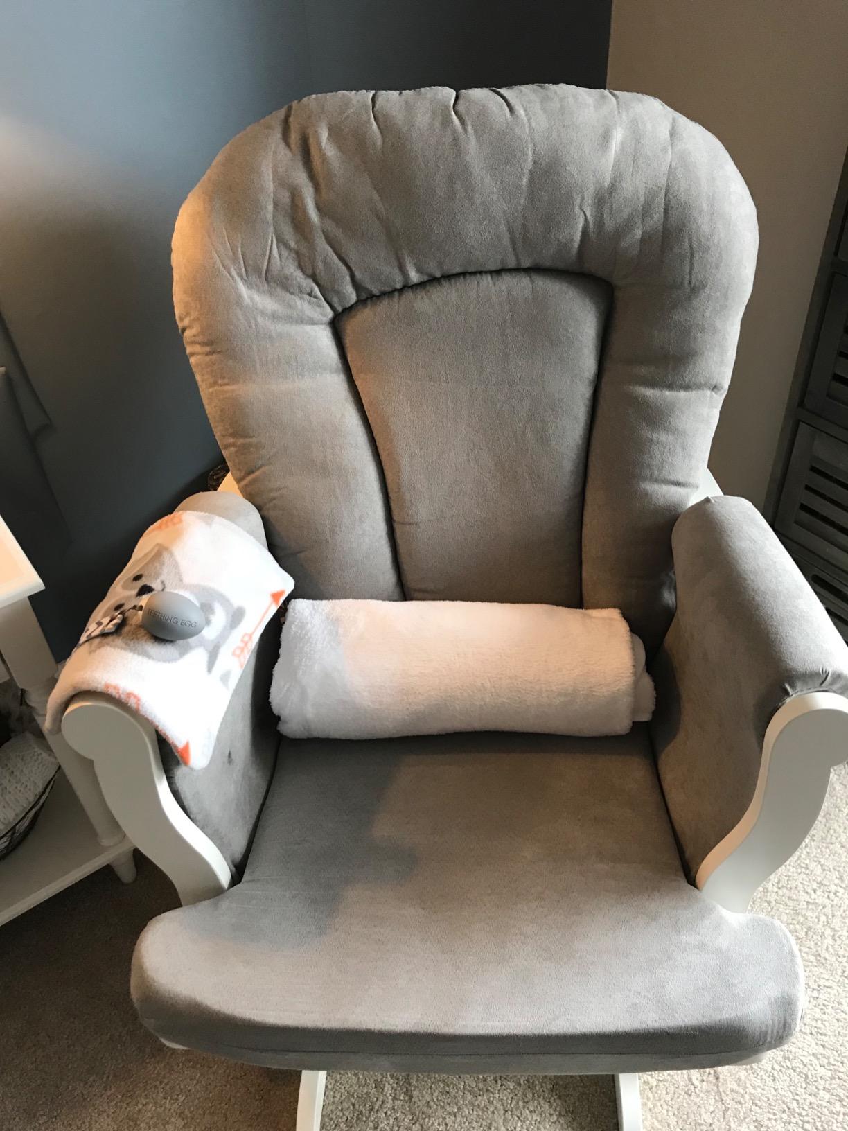 Child Craft Cozy Glider Rocker and Ottoman Set, Smooth Quiet Gliding Motion, Padded Cushion with Convenient Storage Pockets, Solid Wood Base & Frame (Matte White with Light Gray Cushion) customer photo 2