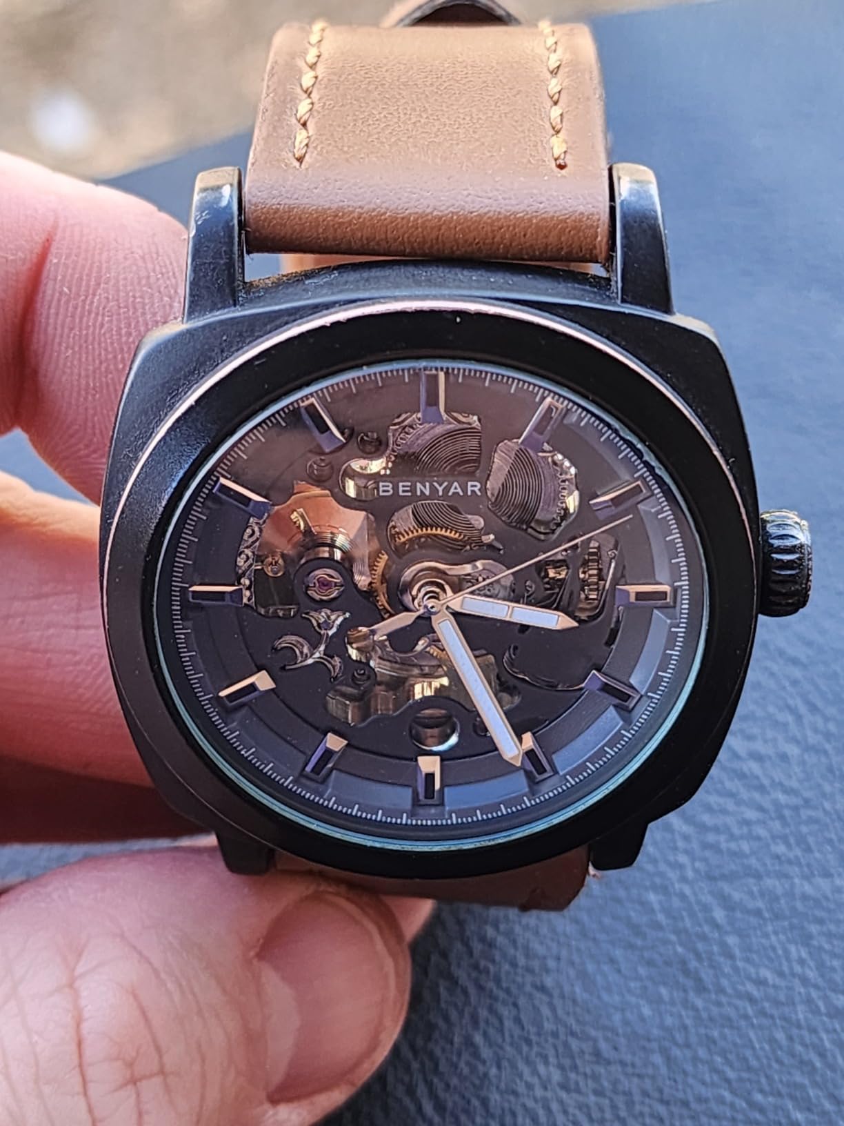 BENYAR Men's Mechanical Automatic Watch | Leather Strap | Gold Movement | 45mm Skeleton Dial | Water Resistant and Scratch Resistant Stylish Gift customer photo 2