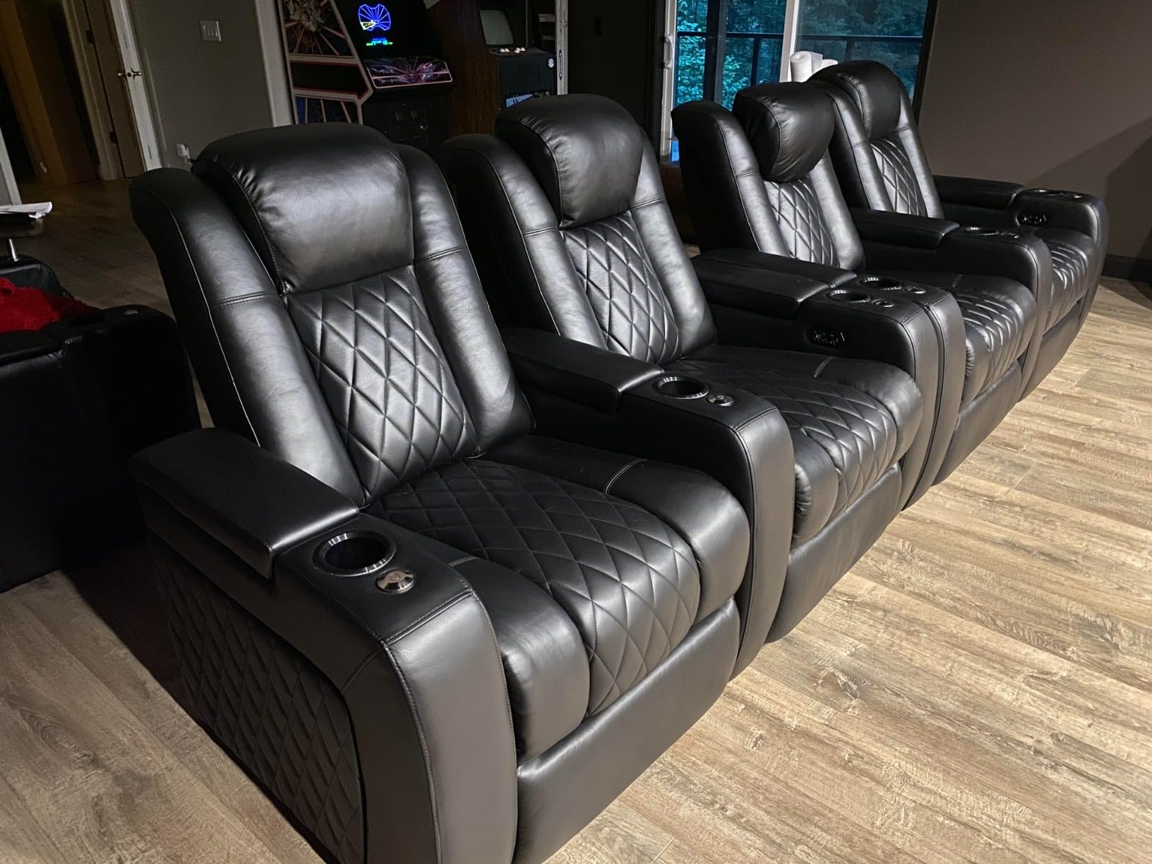 Valencia Tuscany Home Theater Seat - Nappa Leather Power Recliner with Cool Gel Memory Foam, USB-C/USB-A Charging, RGB LED Lights, Adjustable Lumbar & Headrest (Row of 4, Black) customer photo 1