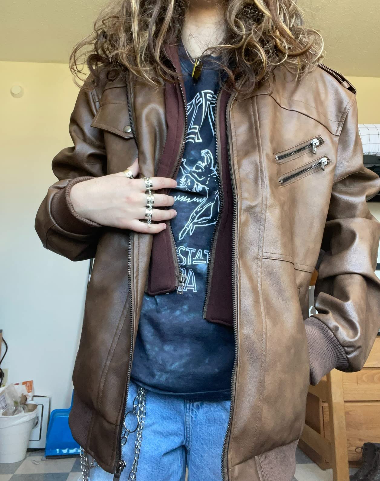 HOOD CREW Men's Casual Stand Collar PU Faux Leather Zip-Up Motorcycle Bomber Jacket With a Removable Hood customer photo 1