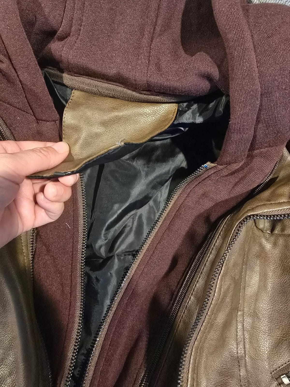 HOOD CREW Men's Casual Stand Collar PU Faux Leather Zip-Up Motorcycle Bomber Jacket With a Removable Hood customer photo 2