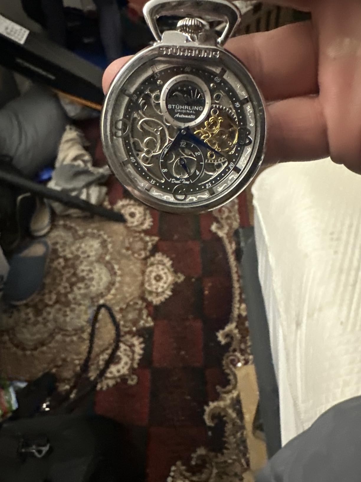 Stuhrling Original Mens Automatic Pocket Watch Skeleton Dial, Pocket Watch with Chain Gift for Men, Collectible Timepiece, Sun Moon Subdial, Vintage Style, No Battery Pocket Watch for Men customer photo 1