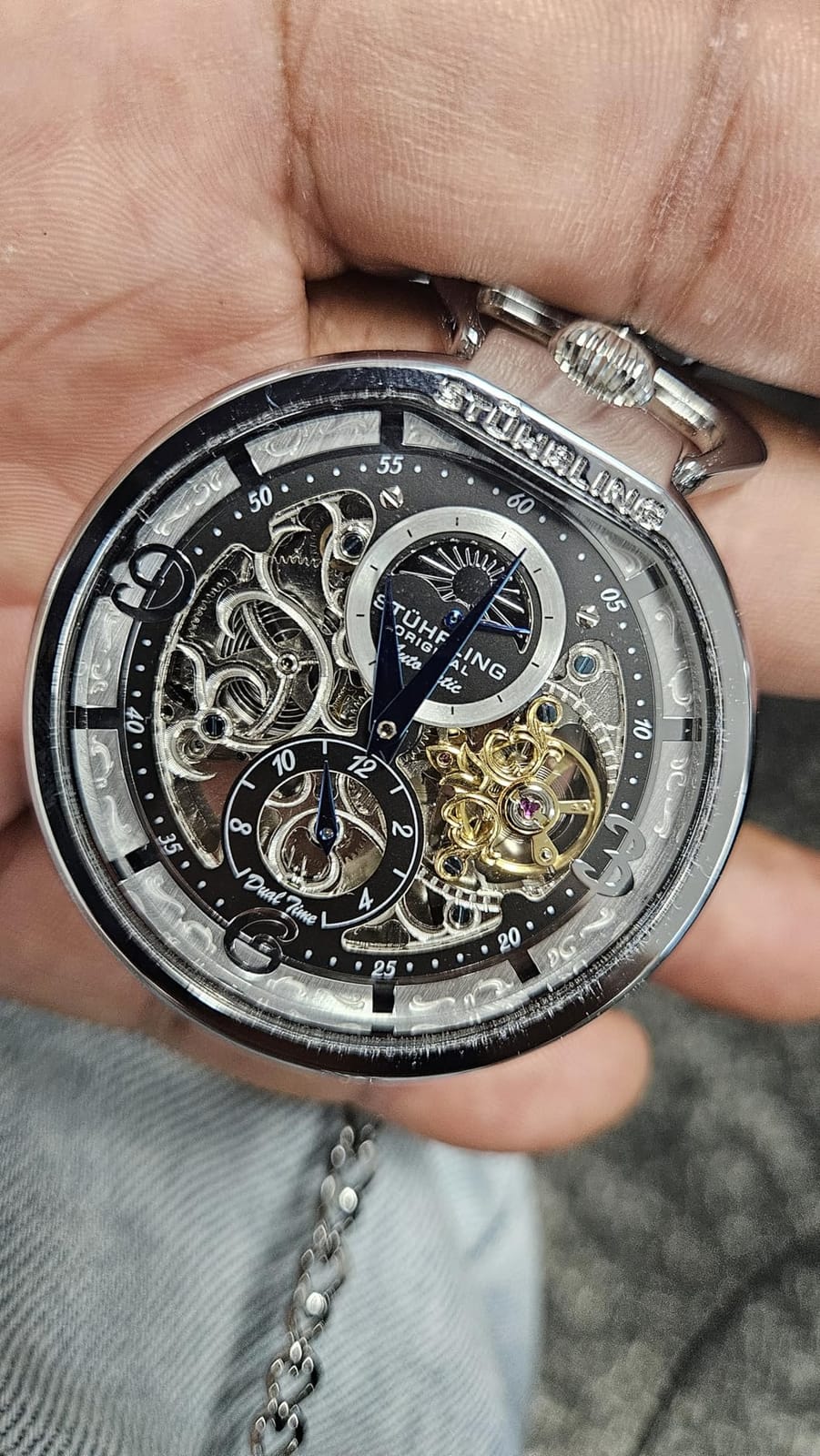 Stuhrling Original Mens Automatic Pocket Watch Skeleton Dial, Pocket Watch with Chain Gift for Men, Collectible Timepiece, Sun Moon Subdial, Vintage Style, No Battery Pocket Watch for Men customer photo 2
