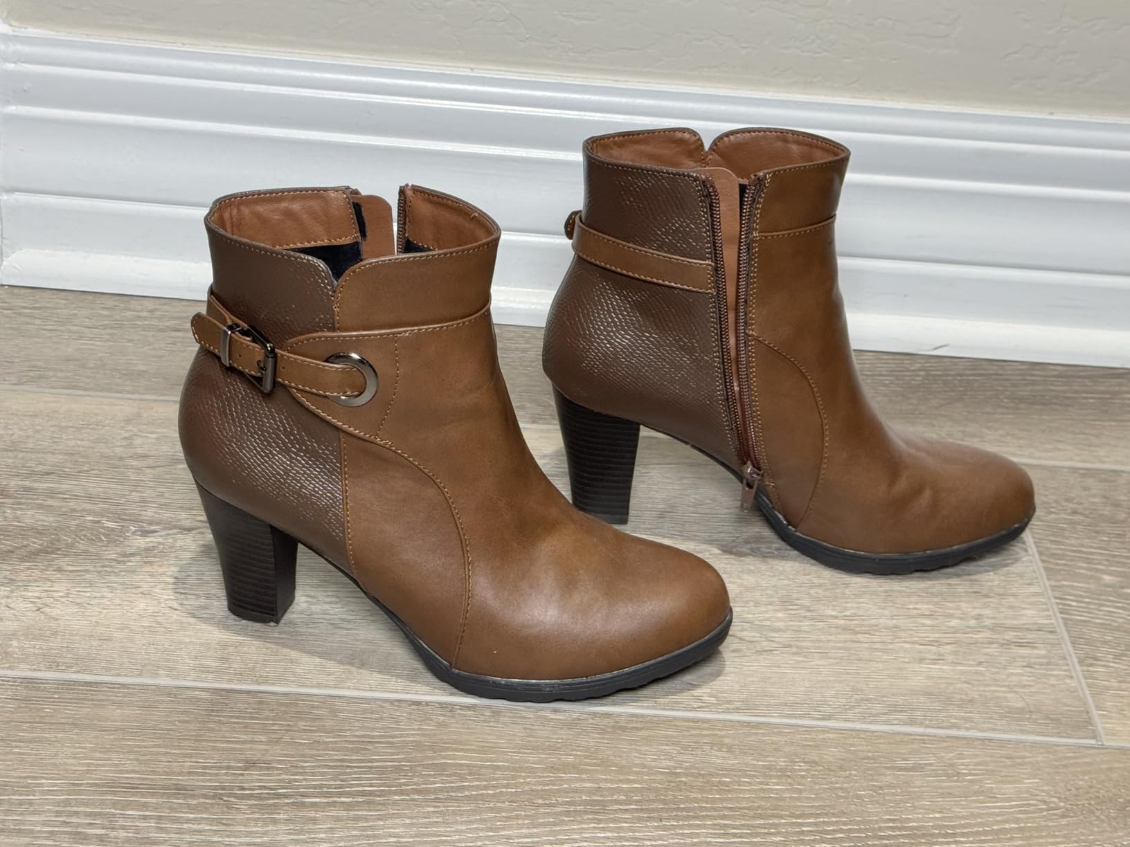 mysoft Women's Chunky Stacked Heel Ankle Boots Zipper Buckle Booties | Wide Width, 3 Inch Height, Round Toe, PU Upper, Easy Slip On, Comfortable Fit, Non-Slip Rubber Sole, Casual Office Dress customer photo 1