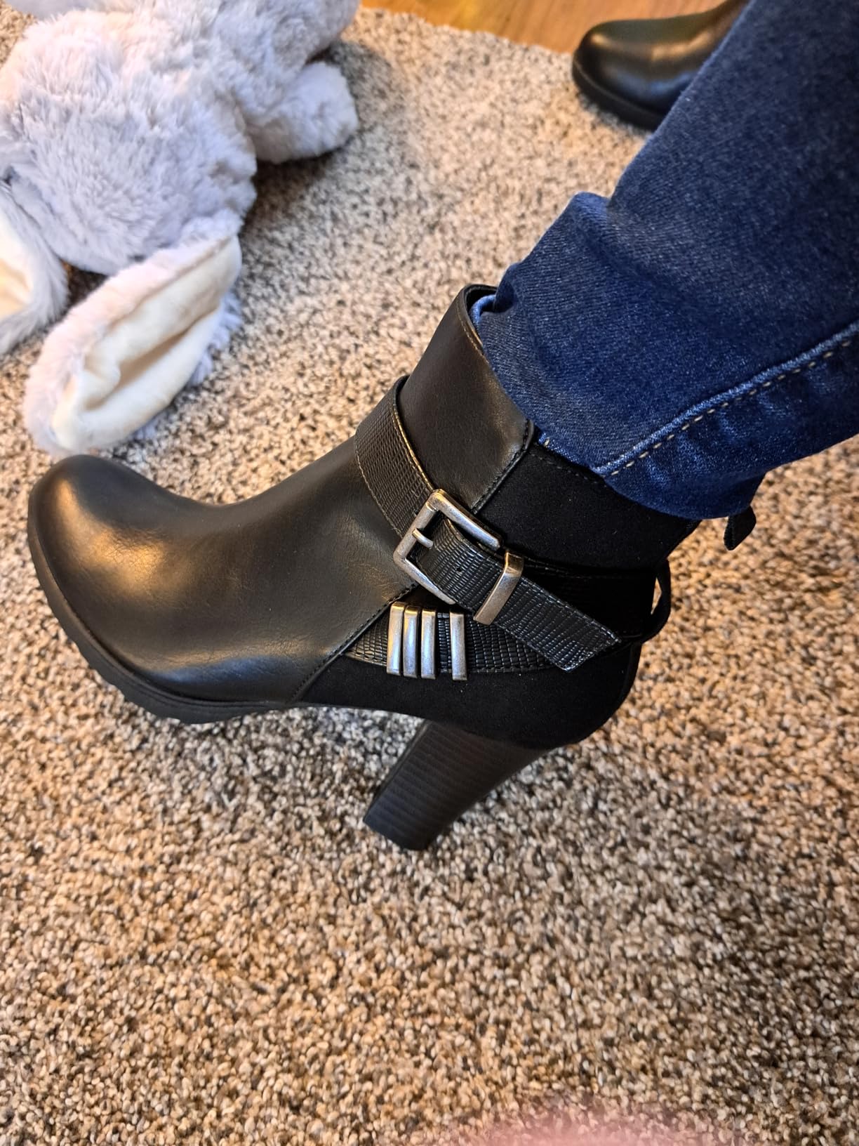 mysoft Women's Chunky Stacked Heel Ankle Boots Zipper Buckle Booties | Wide Width, 3 Inch Height, Round Toe, PU Upper, Easy Slip On, Comfortable Fit, Non-Slip Rubber Sole, Casual Office Dress customer photo 2