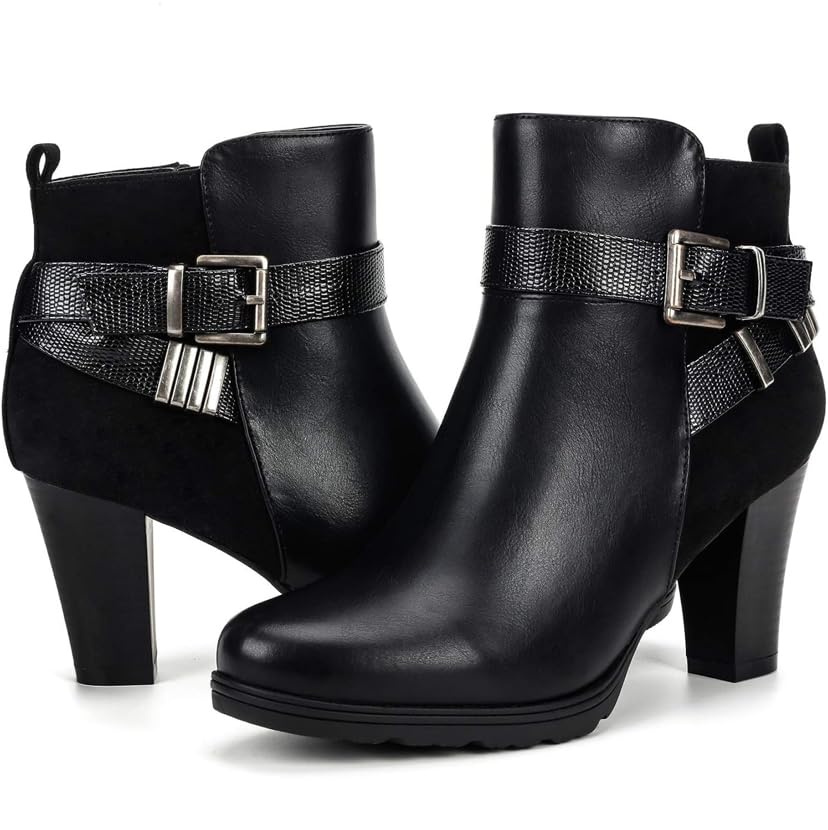 mysoft Women's Chunky Stacked Heel Ankle Boots Zipper Buckle Booties customer photo 2