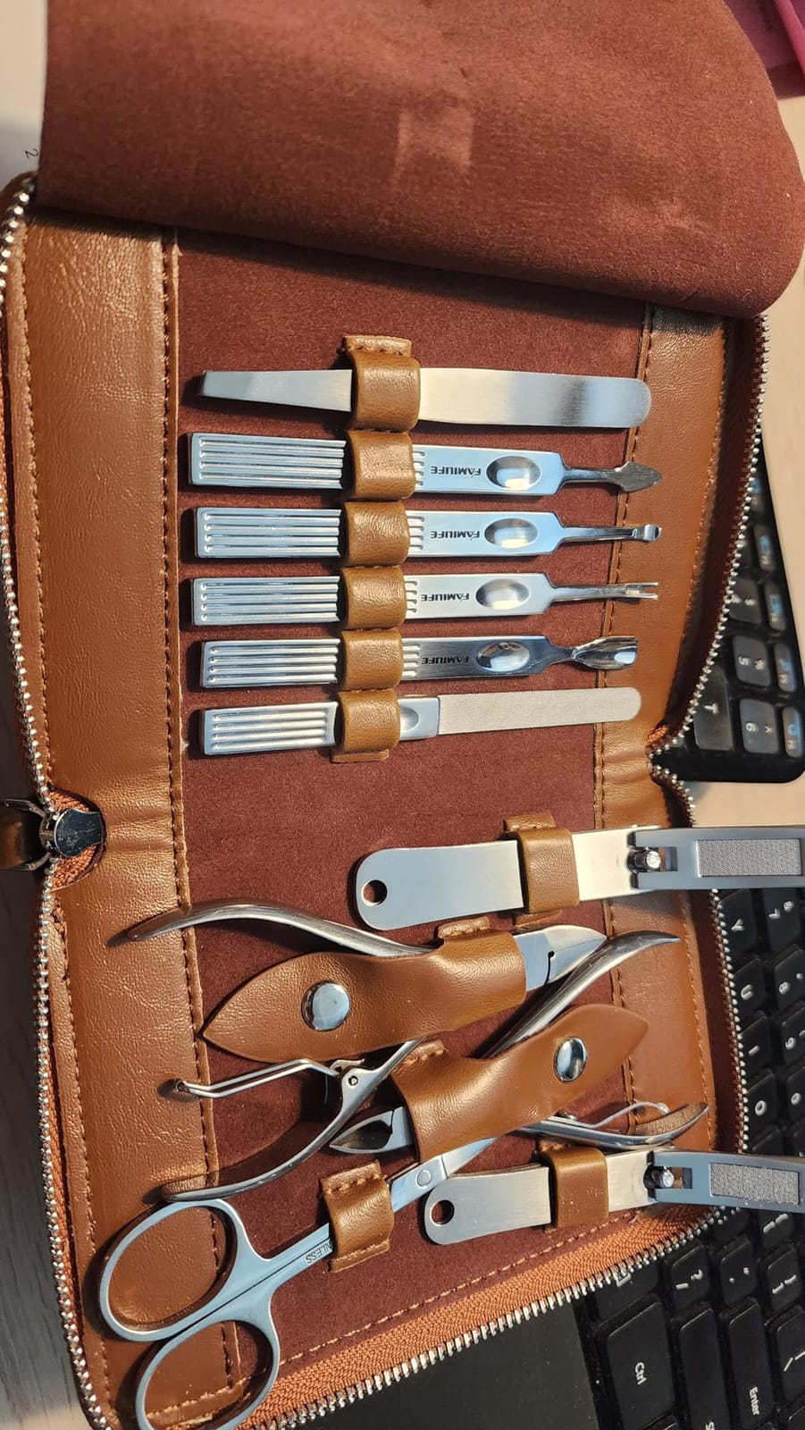 FAMILIFE Stainless Steel Manicure Set 11-in-1 Professional Nail Clipper Kit | Portable Leather Travel Case, Pedicure & Grooming Tools for Fingernails & Toenails, Luxury Gifts Set for Men & Women, Brown customer photo 1