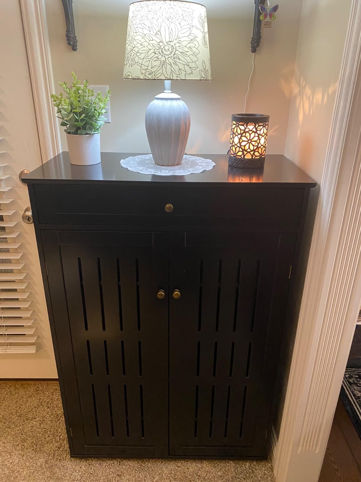 Yaheetech Shoe Cabinet for Entryway, 4-Tier Closed Rack with Drawer, Black | Shoe storage behind doors, two shelves adjust for taller pairs, painted MDF build fits a hallway, plus a top drawer for keys customer photo 1