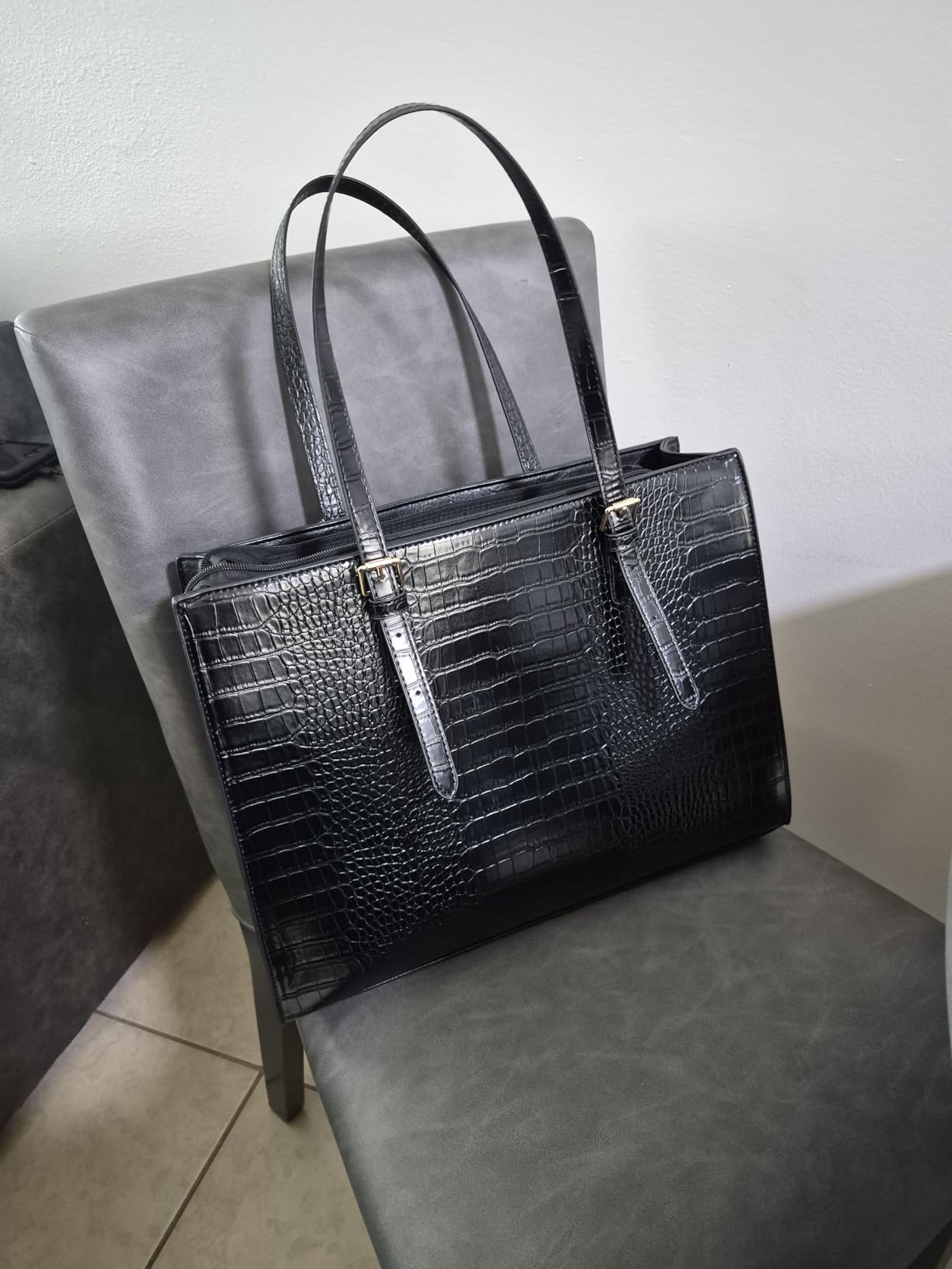 Laptop Bag for Women 15.6 Inch Crocodile Leather Tote Bag Water-resistant Work Briefcase Business Computer Shoulder Bag for Travel Teacher Nurse Professional Handbag,Black customer photo 2