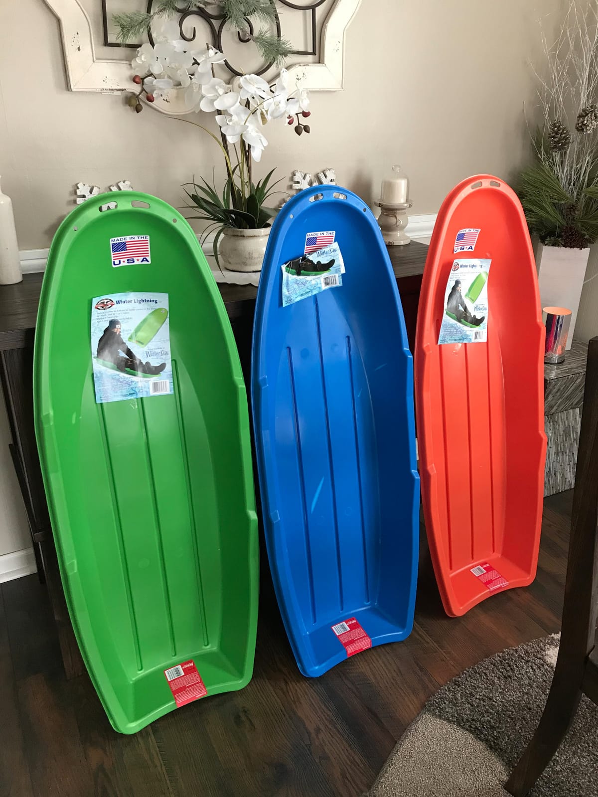 Flexible Flyer Winter Lightning Snow Sleds for Kids and Adults (3-Pack) - 48 Inch Toboggan Style Plastic Sled with Hard Bottom for Fast, Smooth Rides - 1 or 2 Riders (Blue, Green, Orange) customer photo 1