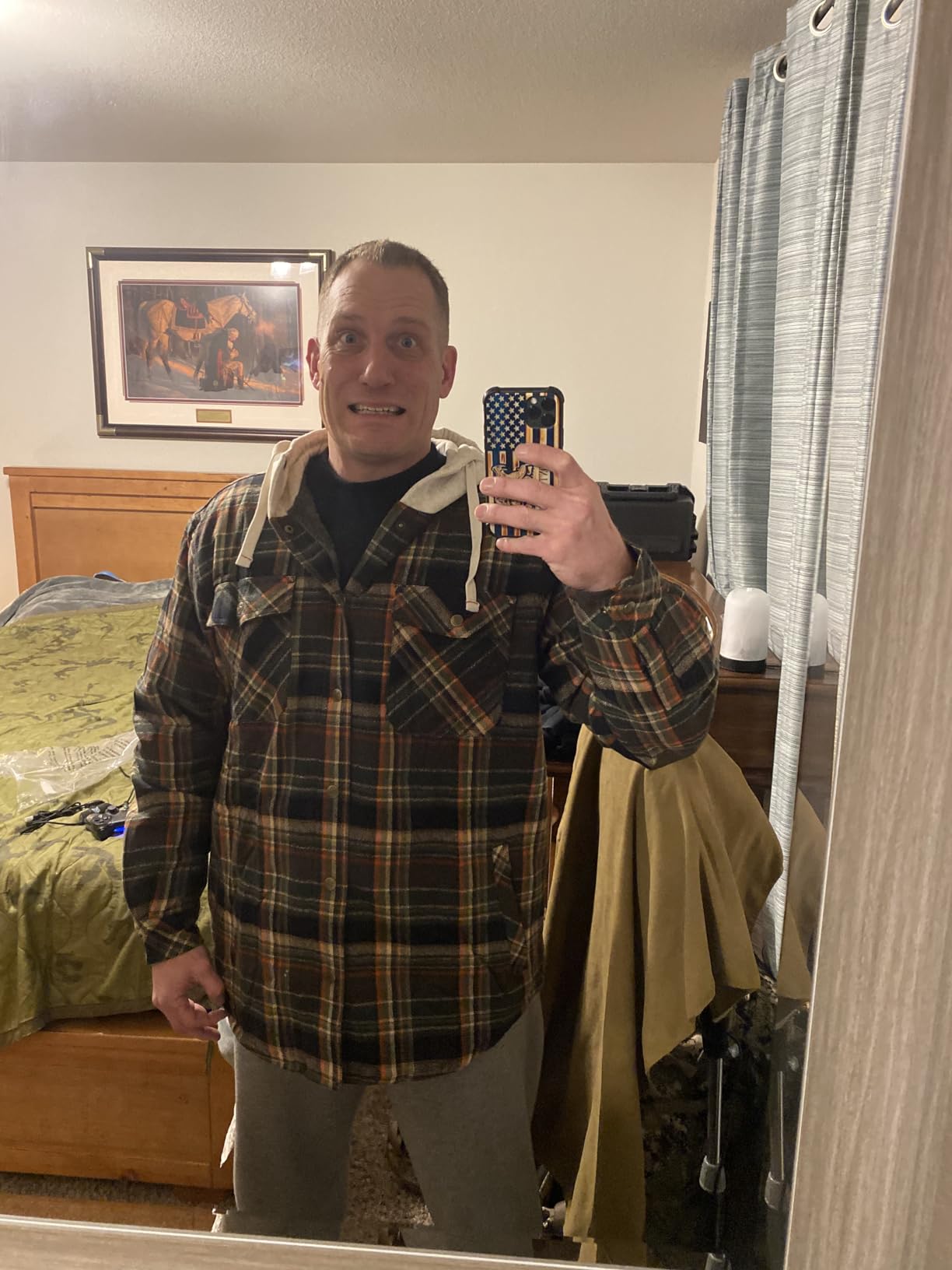 Mens Hooded Plaid Flannel Berber Lined Shirt Jacket customer photo 1