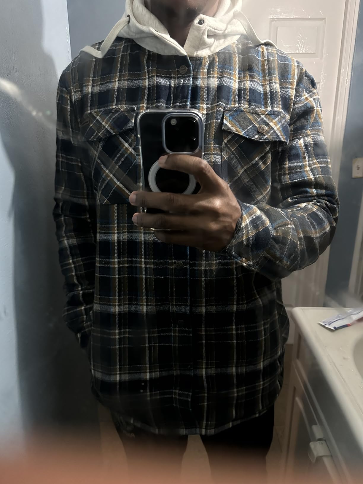 Mens Hooded Plaid Flannel Berber Lined Shirt Jacket customer photo 2