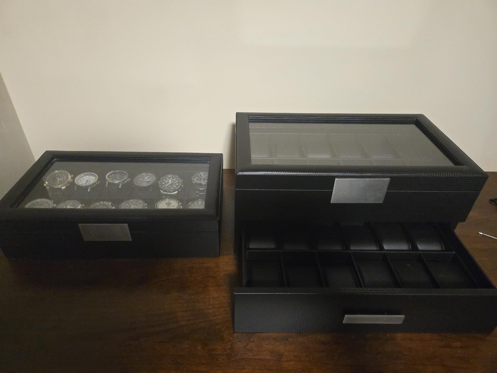 Glenor Co 36 Slot Watch Box for Men - Mens Watch Case w Large Glass Lid, Luxury Carbon Fiber Design Mens Watch Box - Holder for Men w Metal Accents, Watch Display Case Drawer & Leather Pillows – Black customer photo 1