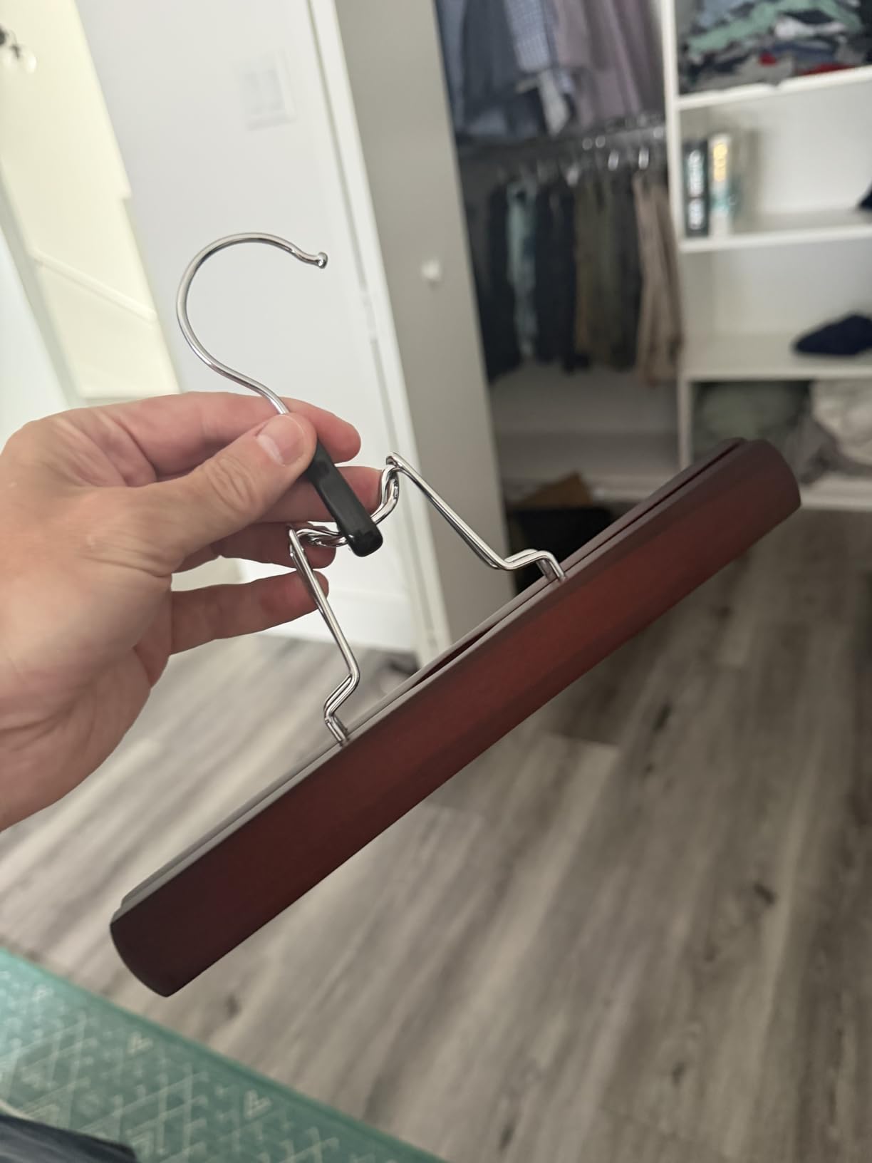 Amazon Basics Sturdy Wooden Pants Hangers for Closet Organization, Natural, 10-Pack customer photo 1