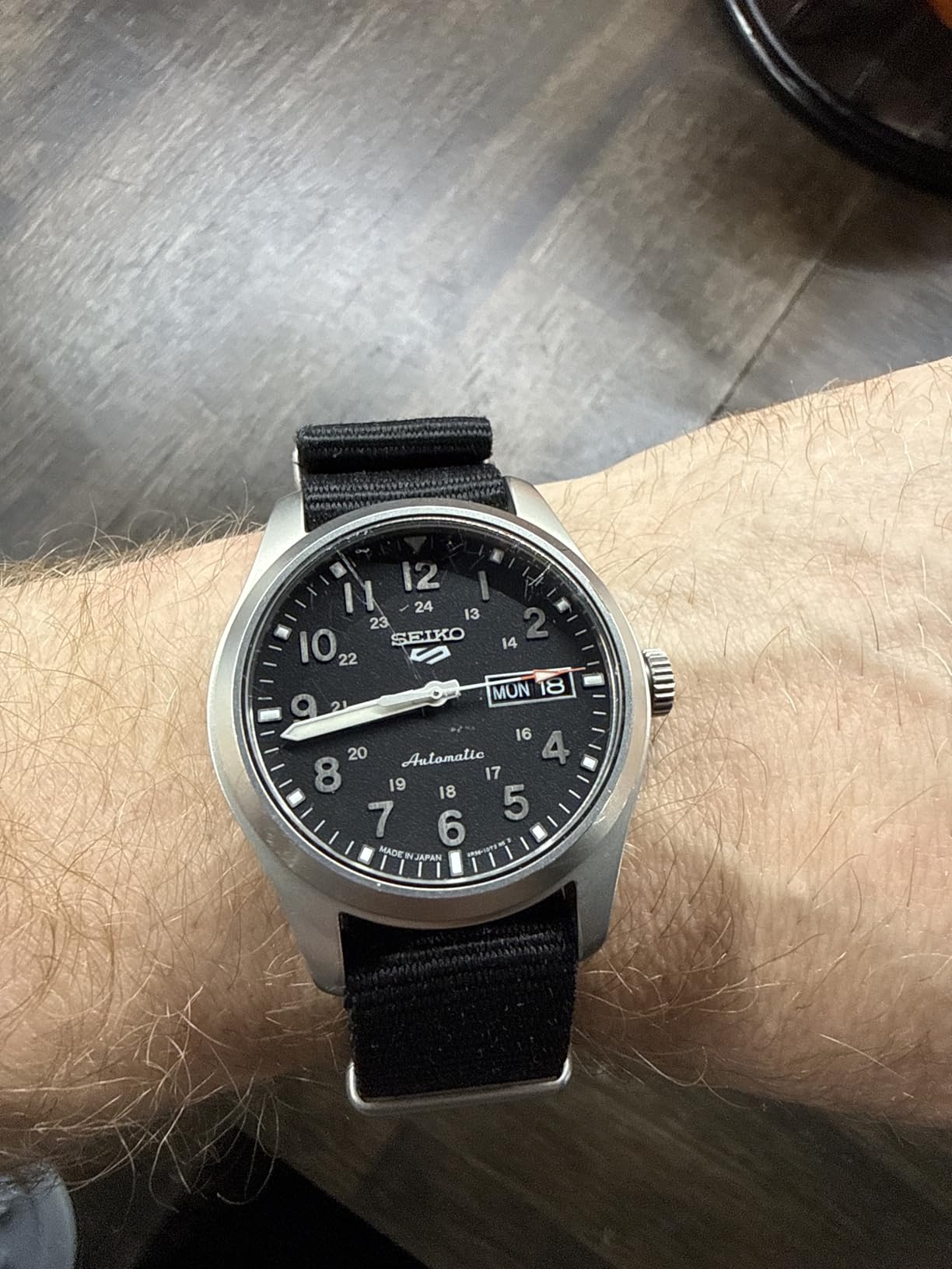 SEIKO SRPG37 Watch for Men - 5 Sports - Automatic with Manual Winding Movement, Black Dial, Stainless Steel Case, Black Nylon Strap, 100m Water Resistant, and Day/Date Display customer photo 1