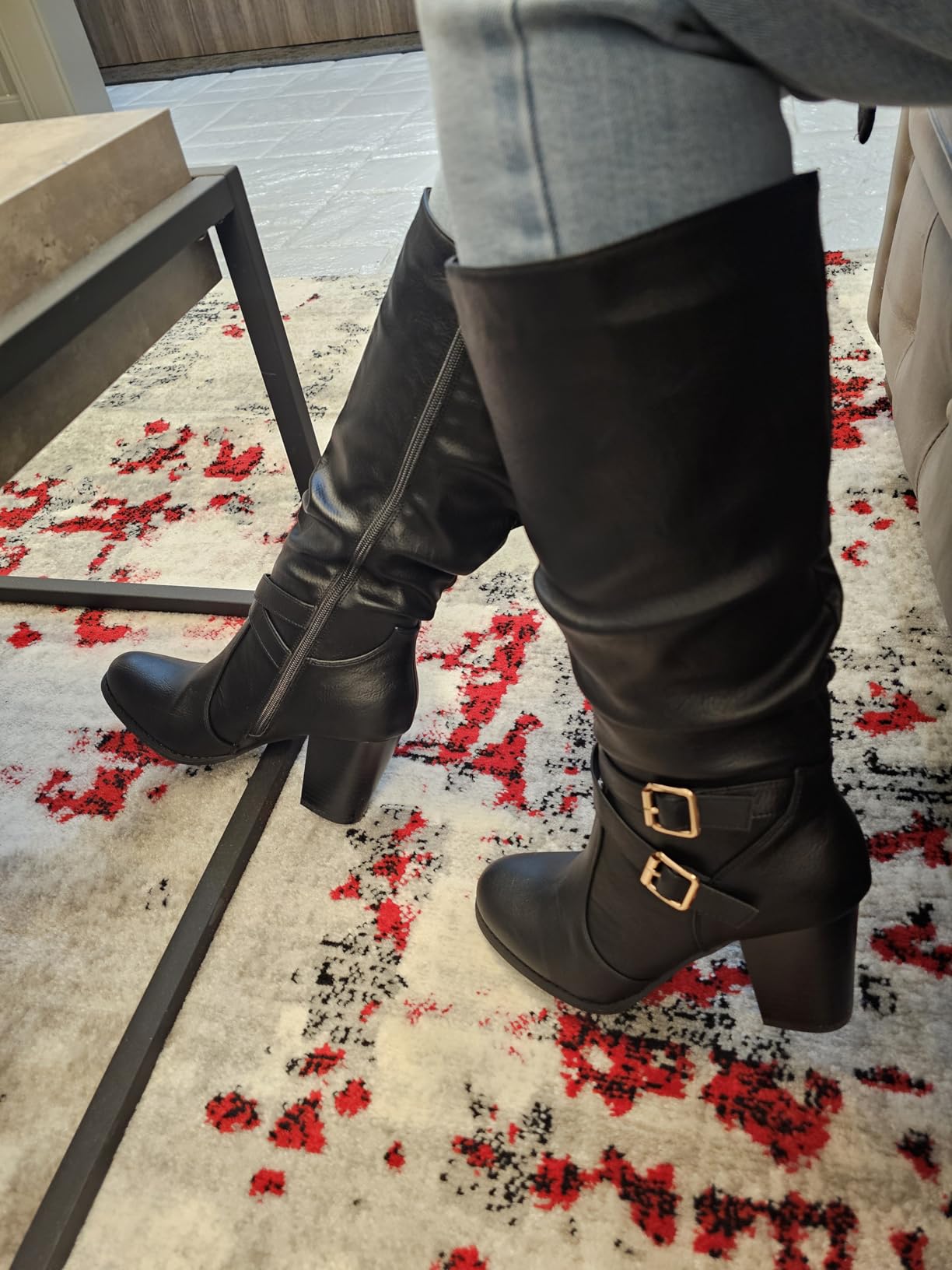 Ermonn Womens Mid Knee High Boots Chunky Heel Slouchy Metal Buckle Side Zipper Fashion Winter Shoes customer photo 1
