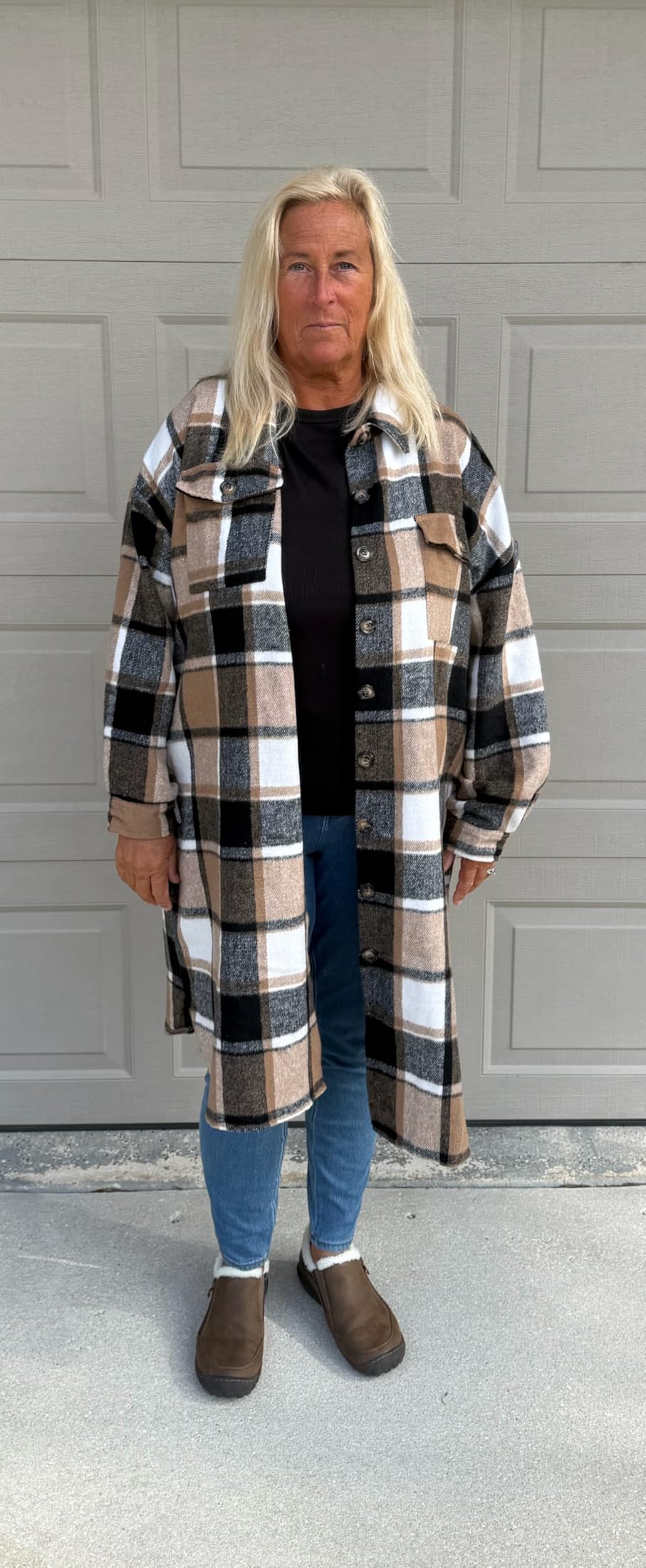 SKIKYAN Women Fall Flannel Plaid Shacket Jacket Oversized Button Down Long Shirt Jacket customer photo 2