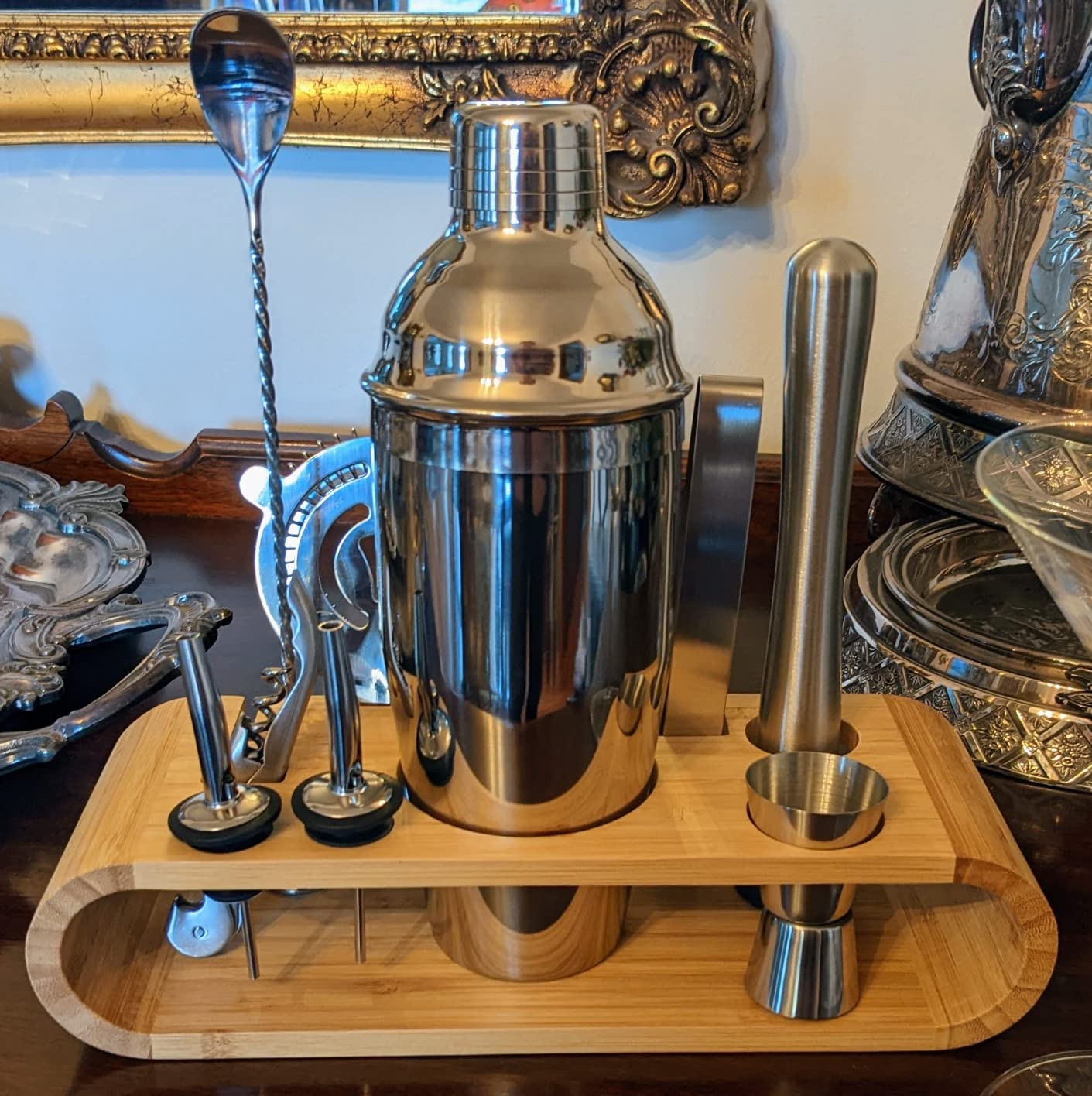 Amazon Basics 10-Piece Stainless Steel Cocktail Shaker Bar Tool Set with Bamboo Stand Holder, Home Bar Drink Mixing Accessories, Housewarming Gift customer photo 1