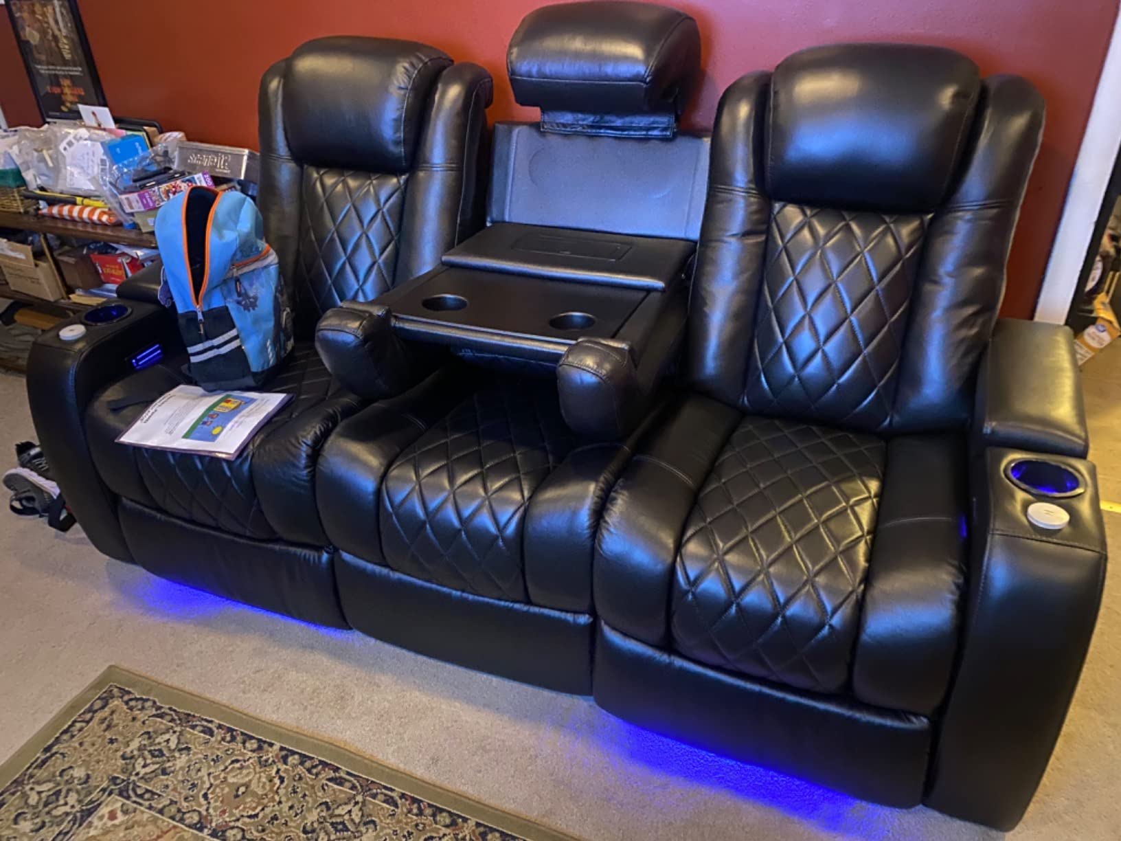 Valencia Tuscany Home Theater Seating | Premium Top Grain Italian Nappa 11000 Leather, Power Headrest, Power Lumbar Support, with Center Drop Down Console (Row of 3, Navy Blue) customer photo 2