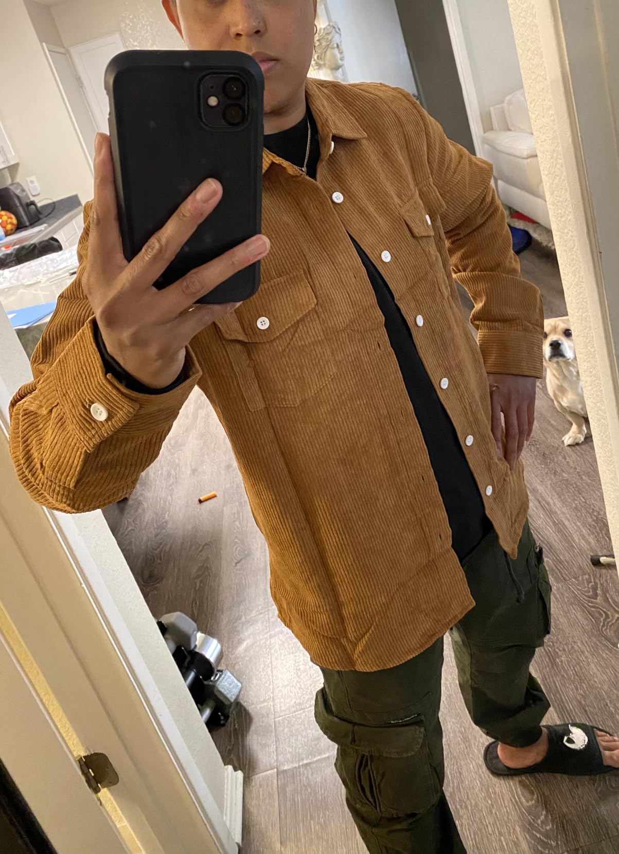 JMIERR Men's Corduroy Button Down Shirts Casual Long Sleeve Shacket Jacket with Flap Pockets customer photo 1