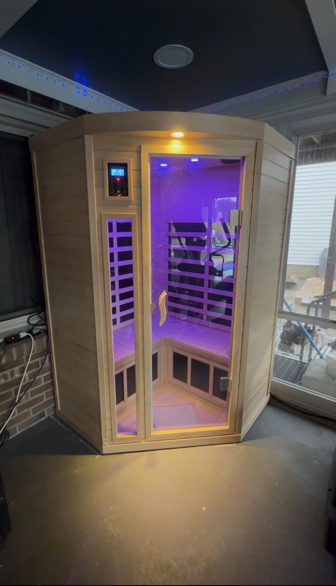 Far Infrared Wooden Sauna Room, 2-3 Person Home Sauna Canadian Hemlock Indoor Corner Sauna Spa, 2 Bluetooth Speakers, 2 LED Reading Lamp, 3 Chromotherapy Lights customer photo 2