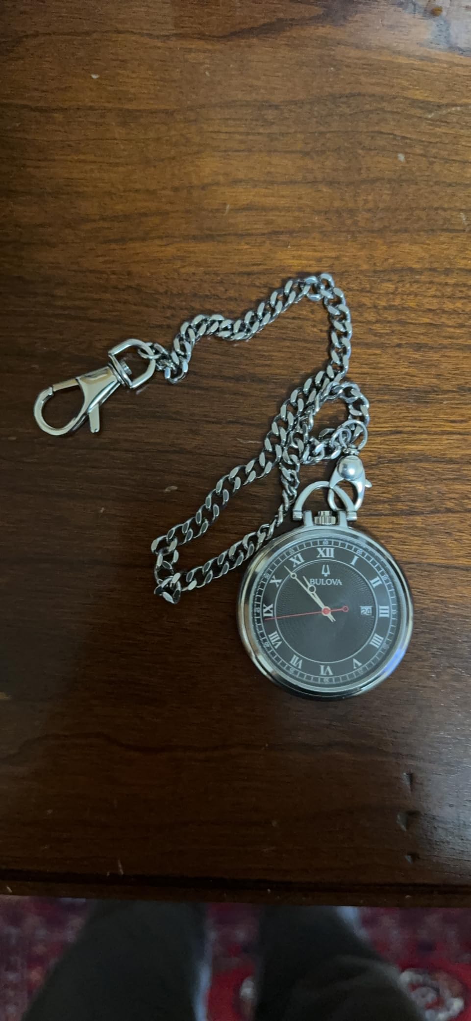 Bulova Classic Pocket Watch 3-Hand Date Quartz Stainless Steel, Black Dial with Detachable Chain Style: 96B308 customer photo 2