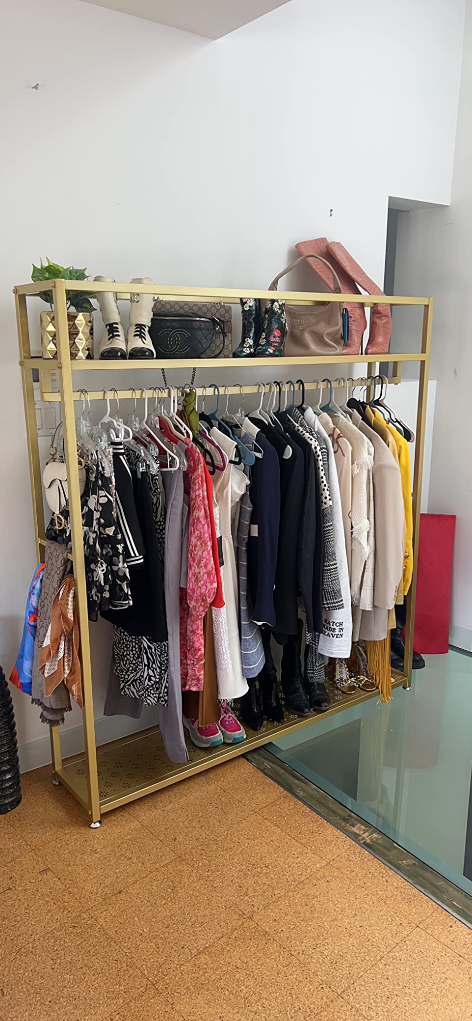 TIEOU Gold Clothes Racks Free-Standing, Gold Clothing Rack with Shelves for Boutiques, Heavy Duty Garment Rack for Hanging Clothes, Large Wardrobe Closet(Only One Shelf) customer photo 2