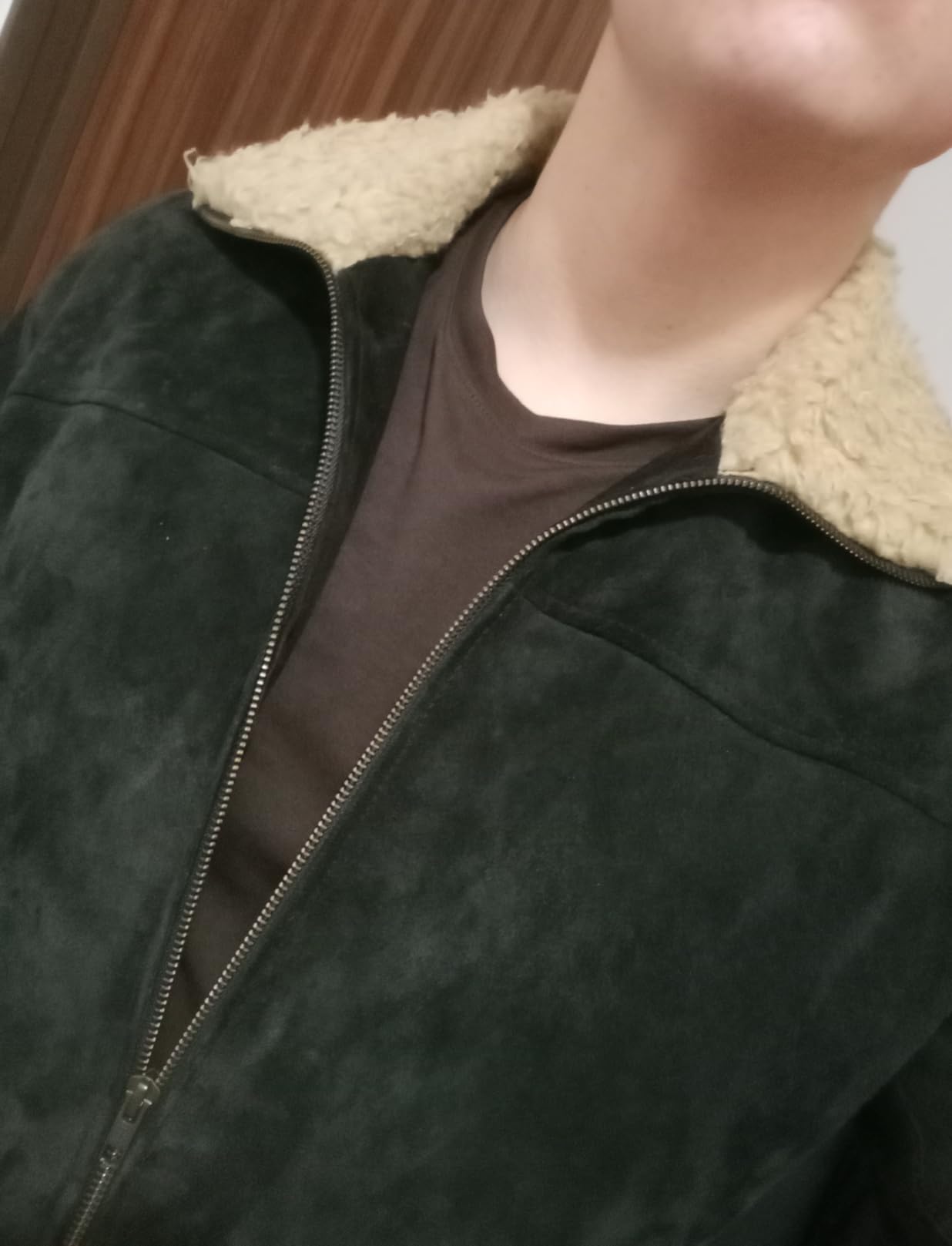 LP-FACON Men's Sherpa Collar Suede Leather Jacket - Dark Brown Vintage Winter Leather Jacket customer photo 2