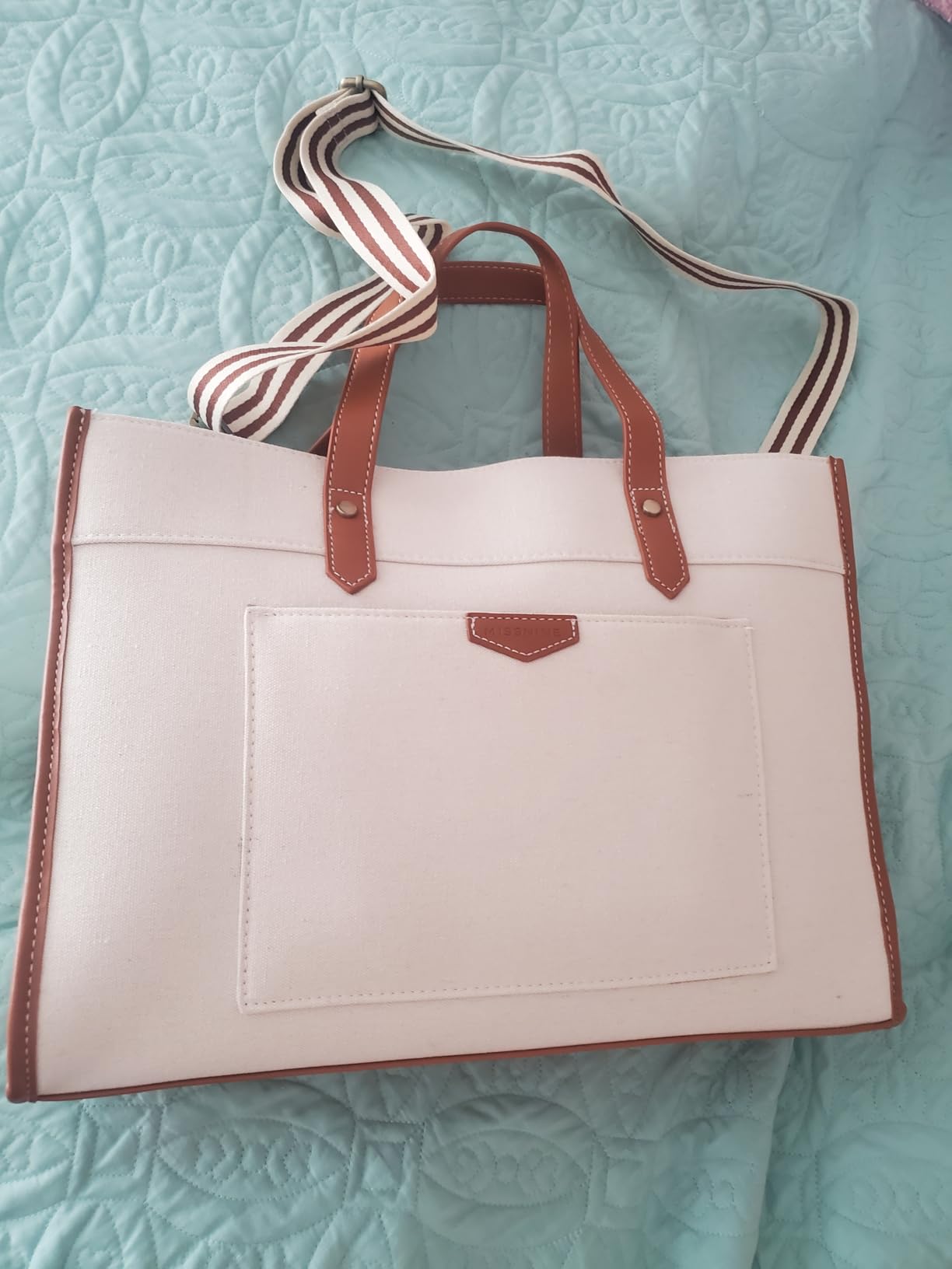 Missnine Tote Bag Canvas Laptop Bag 15.6 inch Briefcase for Women Large Capacity Handbag for Office, College, Travel (Black+Beige) customer photo 1
