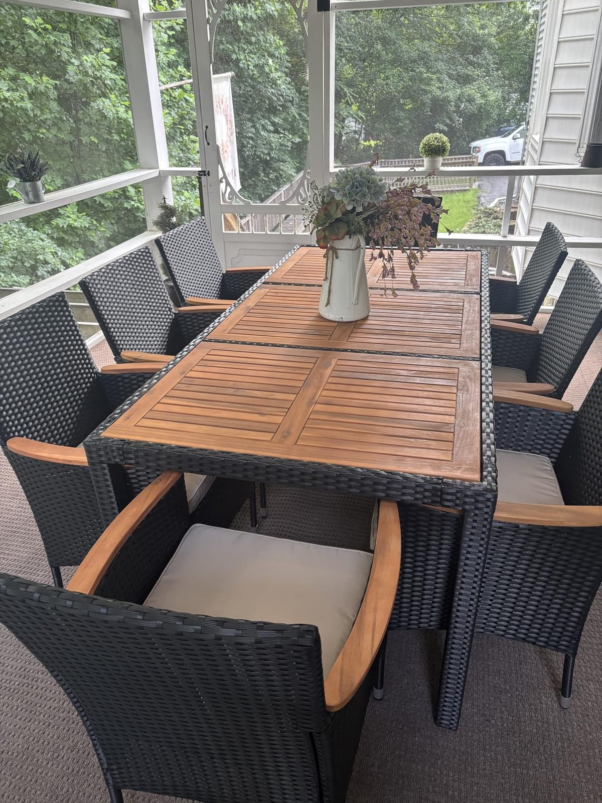 Flamaker Patio Dining Set for 8 Outdoor Acacia Wood Table and Chairs, Black customer photo 1