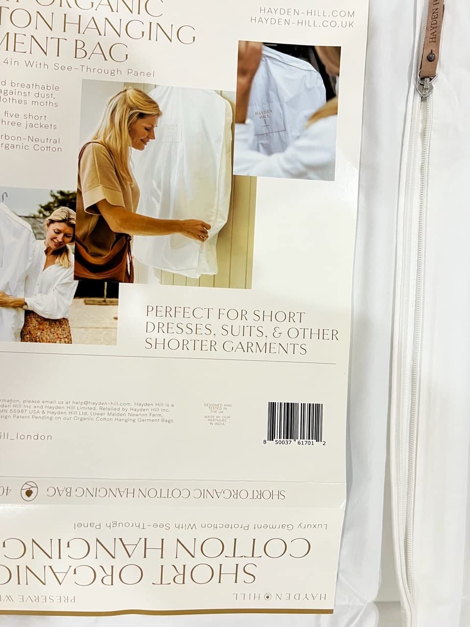 Hayden Hill Luxury Organic Cotton Garment Bag for Hanging Clothes Short 40