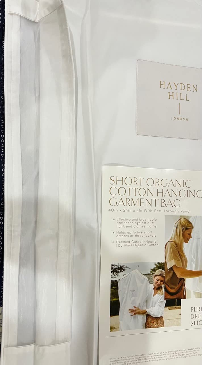 Hayden Hill Luxury Organic Cotton Garment Bag for Hanging Clothes Short 40