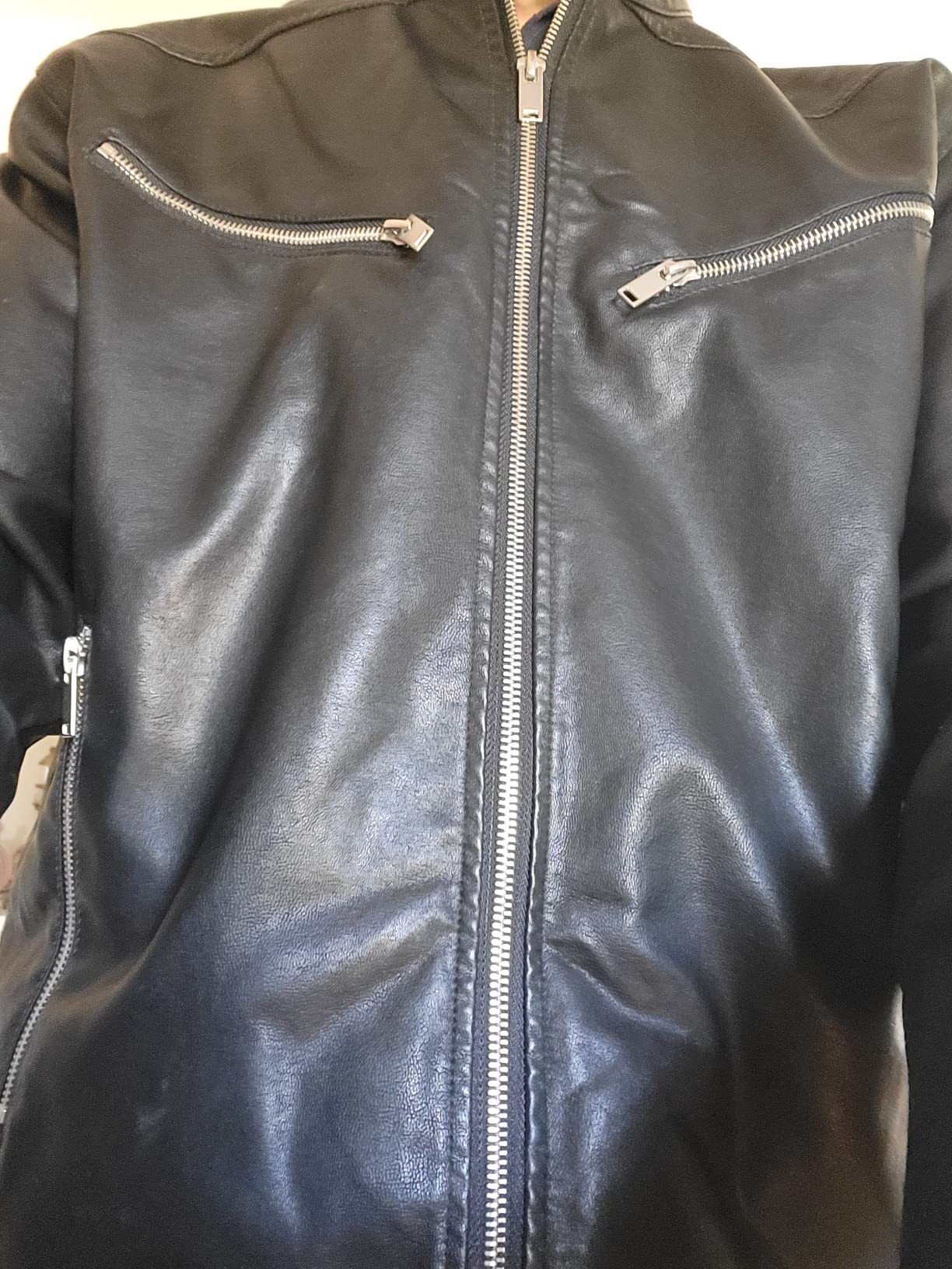 Fahsyee Faux Leather Jacket Men - Black Bomber Jackets Motorcycle Stand Collar Lightweight Zip-Up Slim Fit Biker Coat customer photo 2