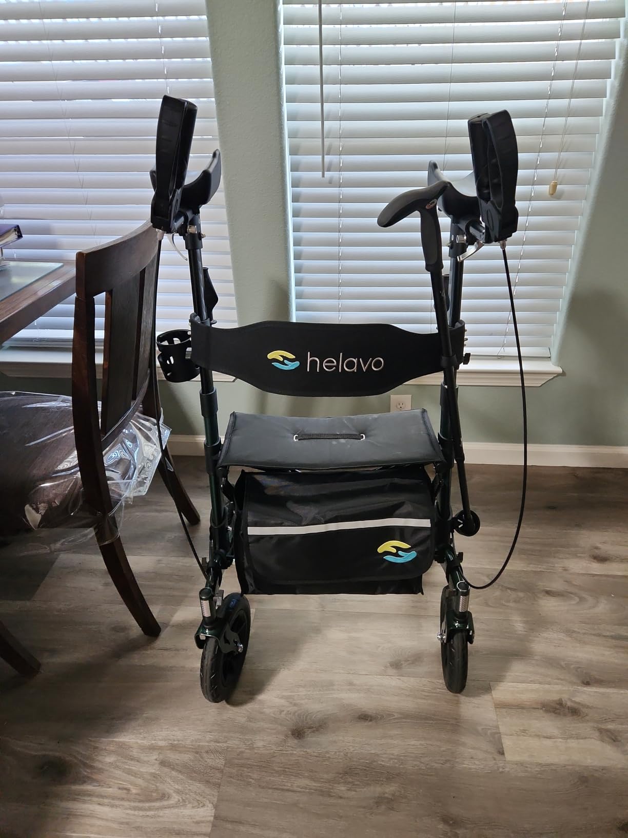 Helavo Upright Walker with Seat, Foldable Stand Up Walker with Rubber Tires | All Terrain Tall Standing Rollator, Padded Armrests, Height Adjustable, Aluminium Frame, 22.7 lbs, 300 lbs Capacity customer photo 1