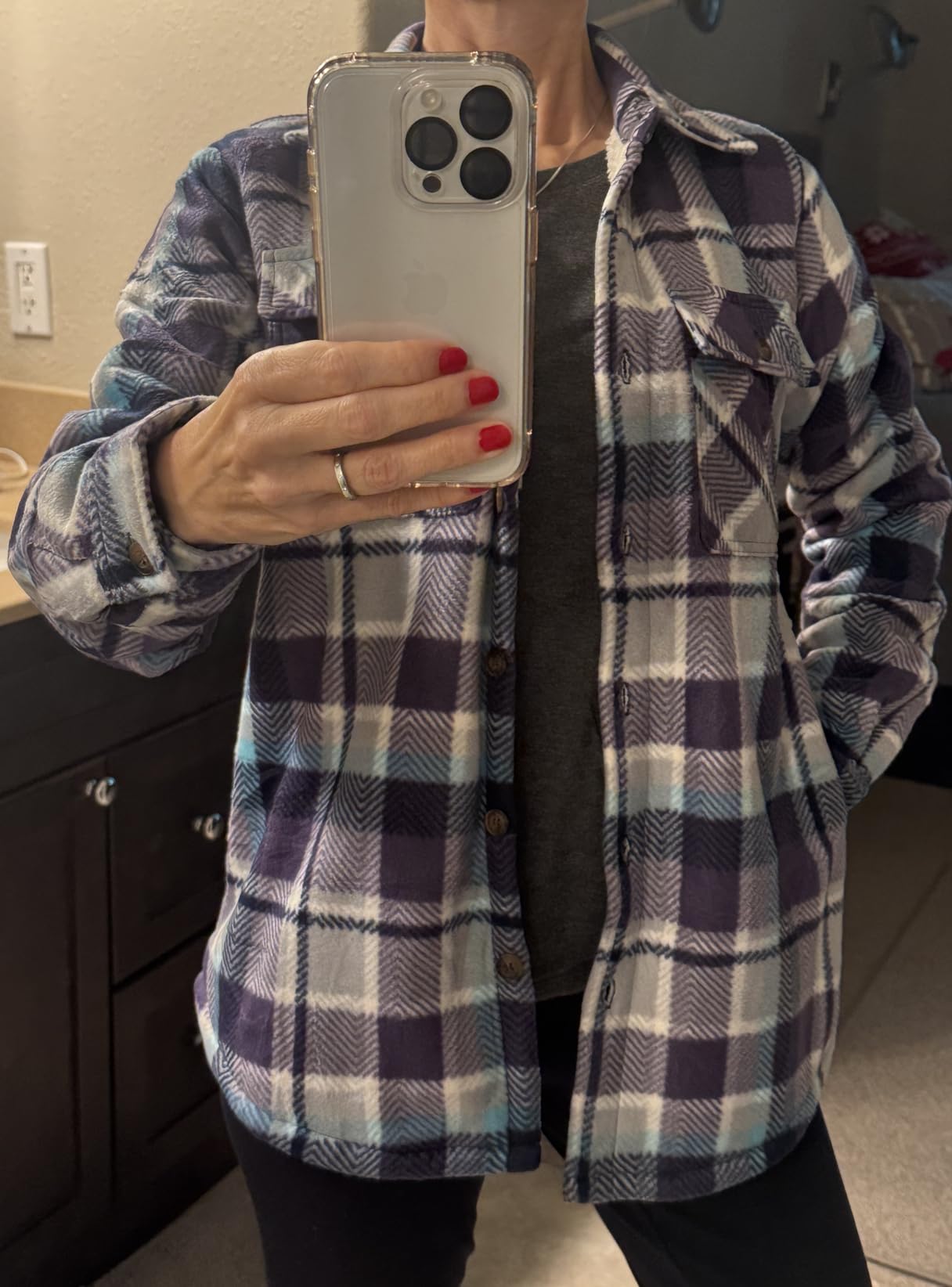 ThCreasa Womens Sherpa lined Button Up Plaid Shacket with Pockets customer photo 2