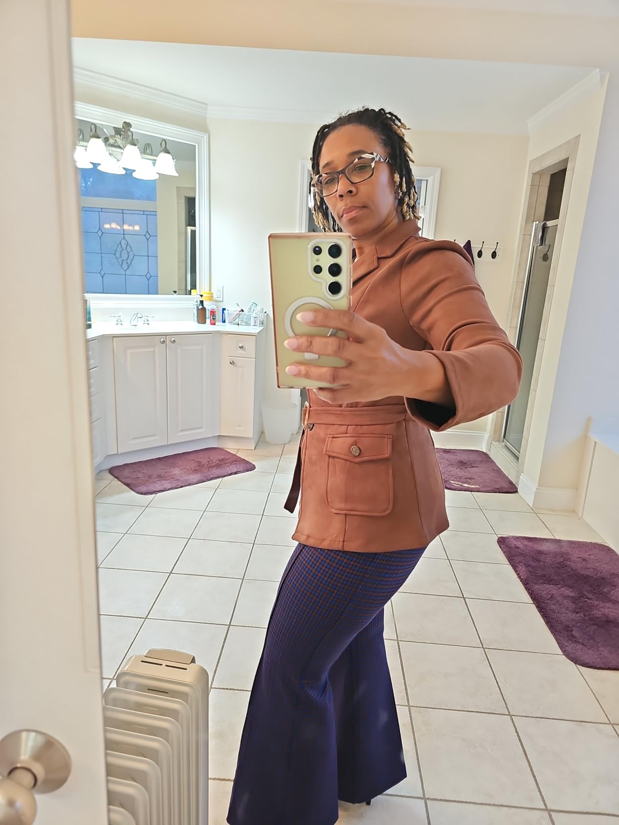 Allegra K Women's Faux Suede Blazer Belted Work Suit Jacket with Pockets customer photo 2