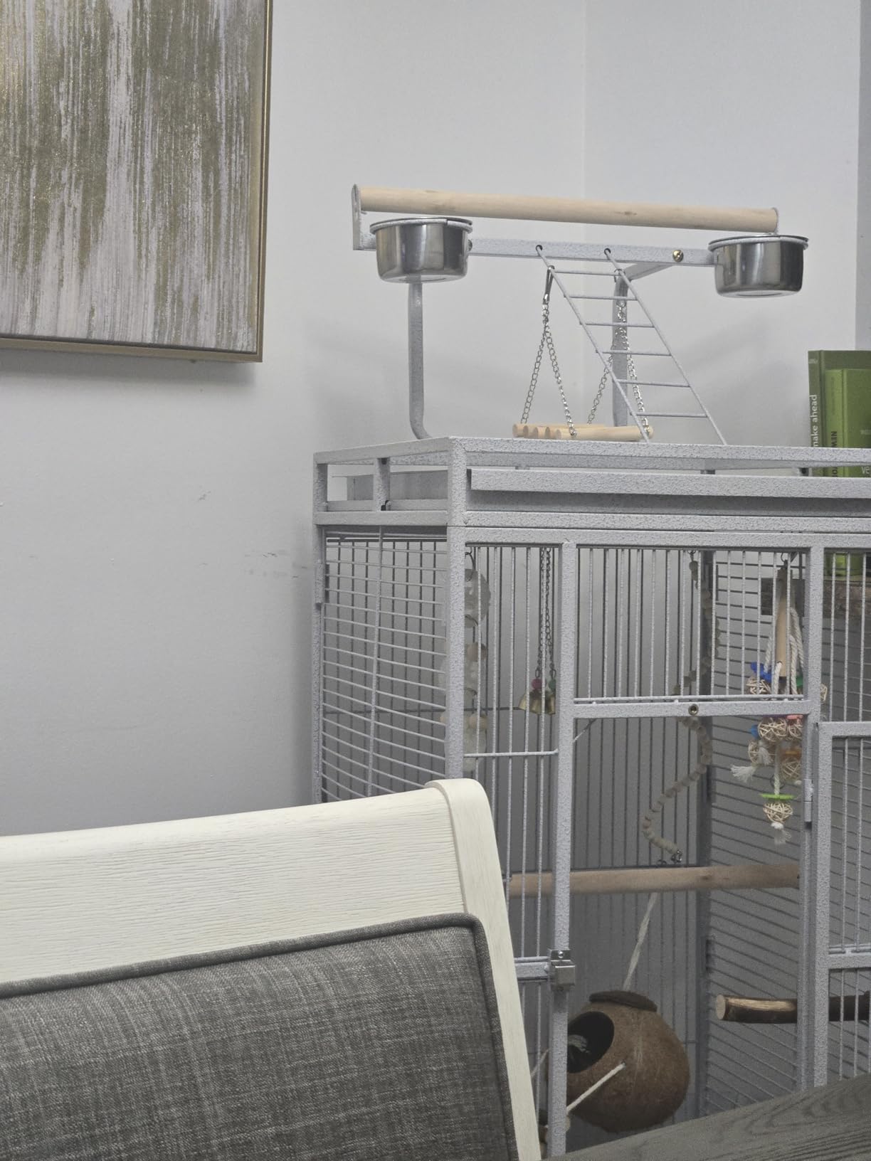 ZENY 61-inch Large Parrot Cockatiel Bird Cages with Wrought Iron Play Top, Aviary with Rolling Stand for Sun Parakeet Quaker Conure Lovebird Budgie Finch African Grey White Birdcage (White) customer photo 1