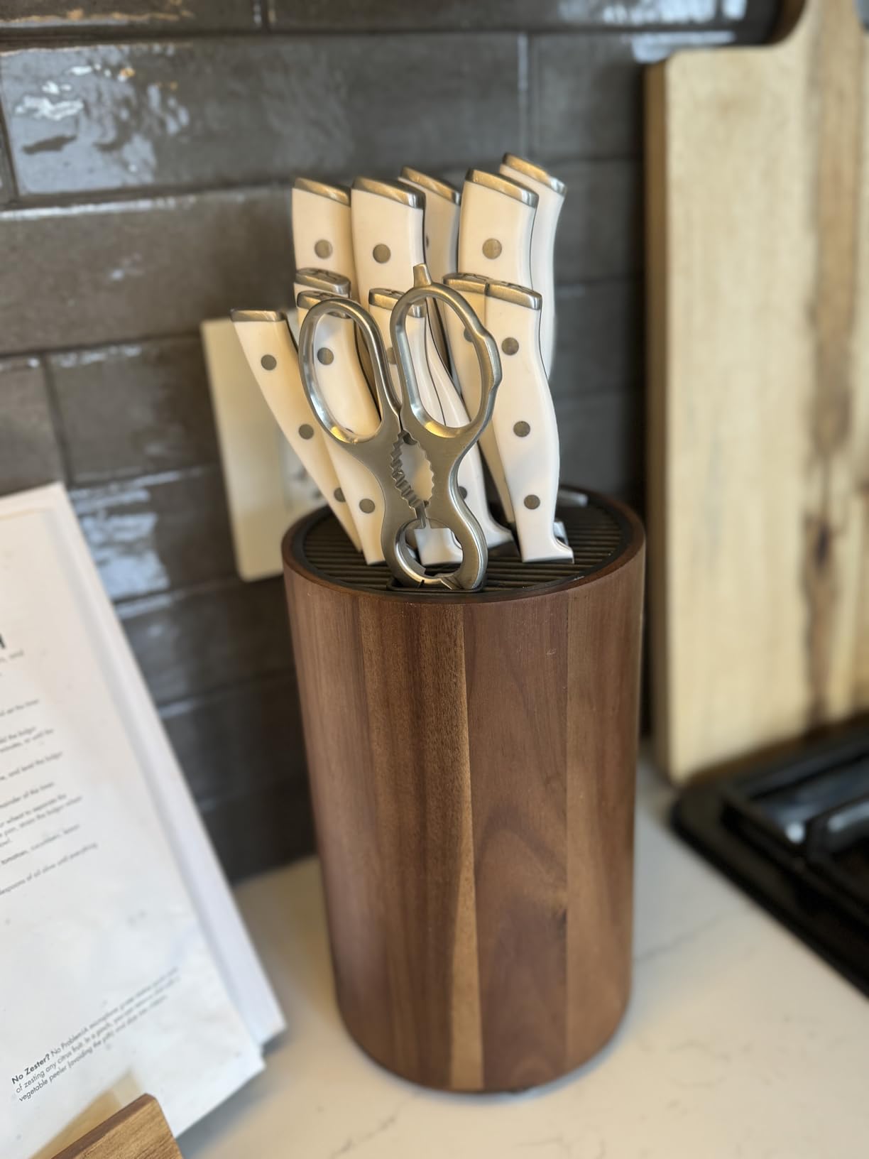 Universal Knife Block Without Knives, Acacia Wood Large Knife Holder | 26+ Slots with Blade-Separating Design, Fits Chef & Steak Knives, Meat Cleavers, Scissors and Sharpening Rods for Kitchens customer photo 2