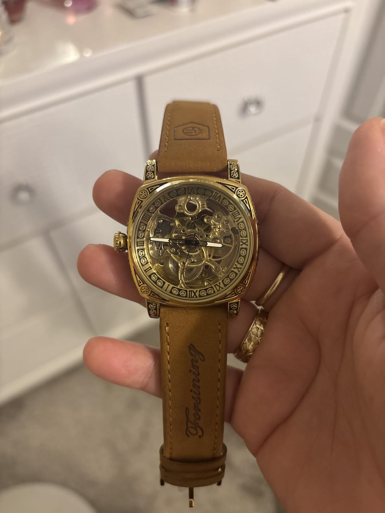 FORSINING Watches for Man, Square Retro Mechanical Watch Self-Wind Carved, Skeleton Automatic Watches Vintage Leather Strap Wristwatch customer photo 1