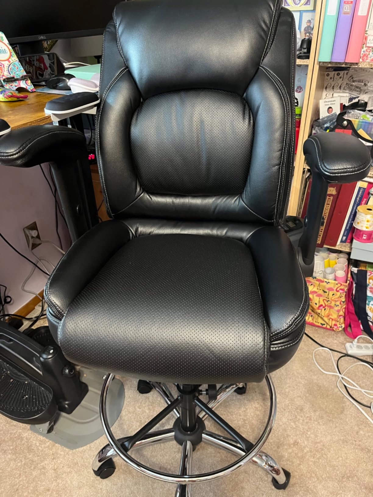 Ergonomic Mid-Back Premium Faux Leather Adjustable Drafting Chair with Multi-Function Arms and Foot Ring, Standing-Desk Matched Tall Swivel Computer Office Stool, Black customer photo 2