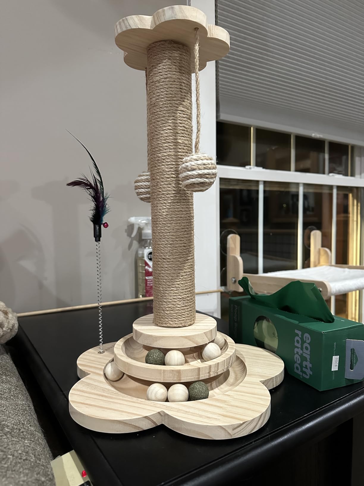 4-in-1 Solid Wood Kitten Scratching Post for Indoor Cats with Feather Toy customer photo 1