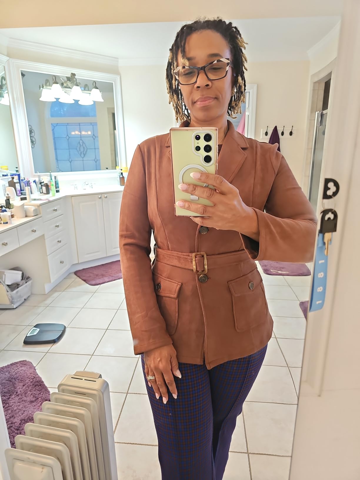 Allegra K Women's Faux Suede Blazer Belted Work Suit Jacket with Pockets customer photo 1