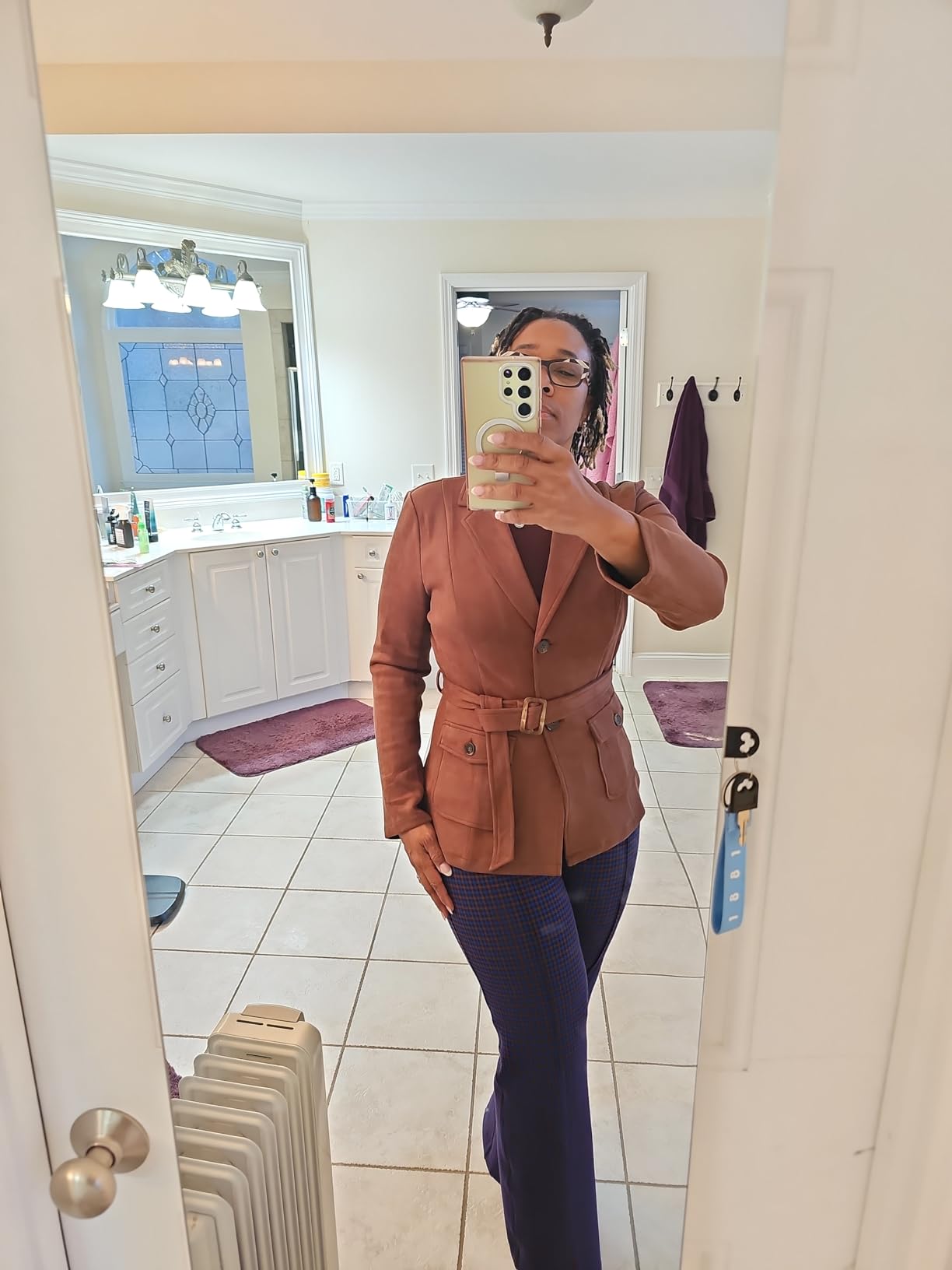 Allegra K Women's Faux Suede Blazer Belted Work Suit Jacket with Pockets customer photo 2