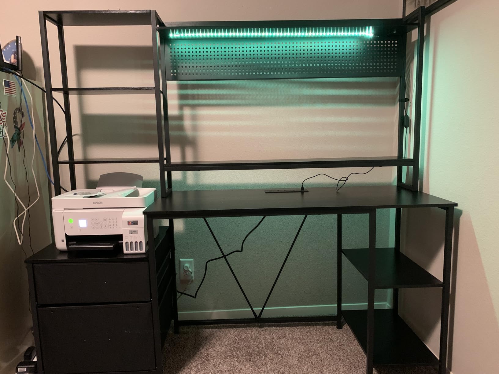 UPOSOJA Gaming Desk with Hutch, 65in Reversible Computer Desk with Power Outlets LED Light, Home Office Desk with Monitor Stand 2 Drawers 4 Storage Shelves Pegboard 8 Hooks Mouse Pad (Black) customer photo 1