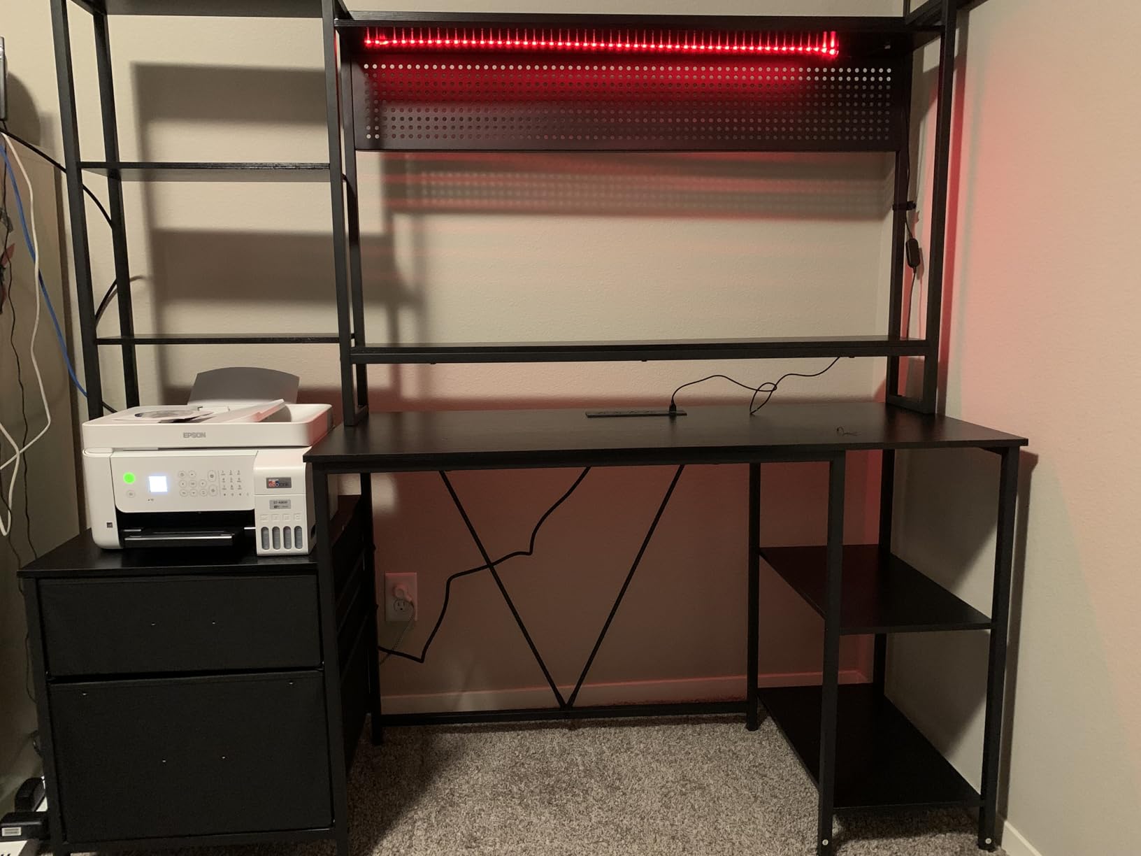 UPOSOJA Gaming Desk with Hutch, 65in Reversible Computer Desk with Power Outlets LED Light, Home Office Desk with Monitor Stand 2 Drawers 4 Storage Shelves Pegboard 8 Hooks Mouse Pad (Black) customer photo 2