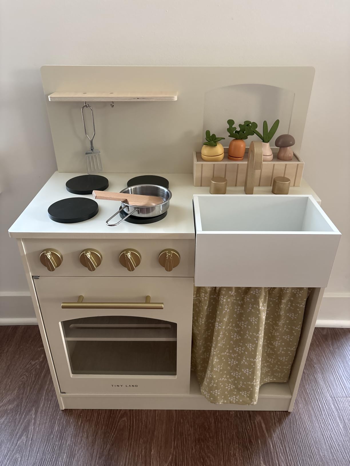 Tiny Land Wooden Play Kitchen for Toddlers, Compact Cream Pretend Play Set | Cutting Food & Stainless Steel Cookware, Oven, Stove, Sink, Clicking Knobs, Storage Shelf, Gift for Girls & Boys Ages 3+ customer photo 1