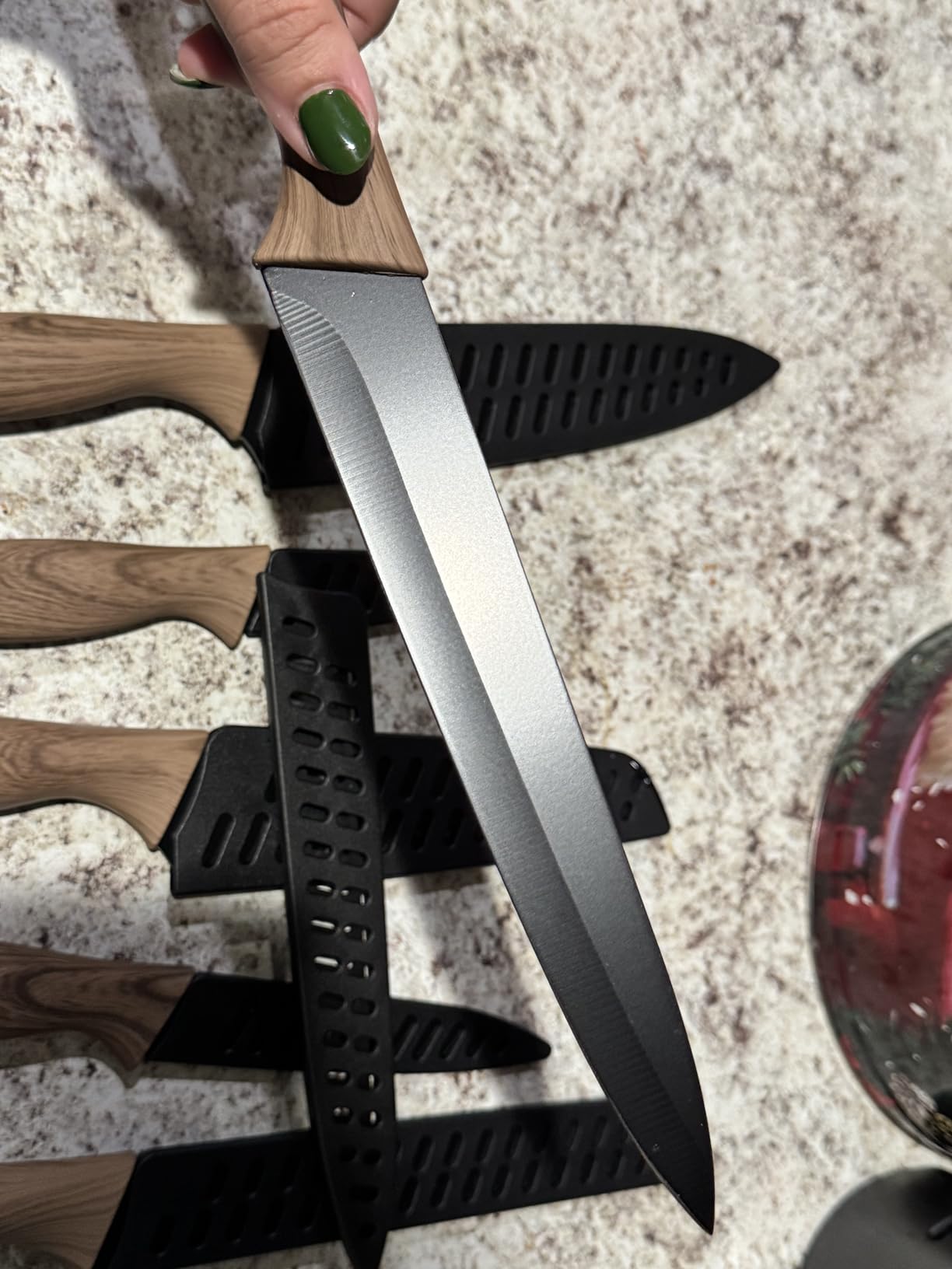 CAROTE 12-Piece Knife Set, Knives with Wood-Grain Finish Handles, Black | 6 Blade Guards, Stainless Steel Blade, Ceramic Nonstick Coating, Long-Lasting Sharpness, Rust-Resistant, Kitchen, Camping, RV customer photo 1