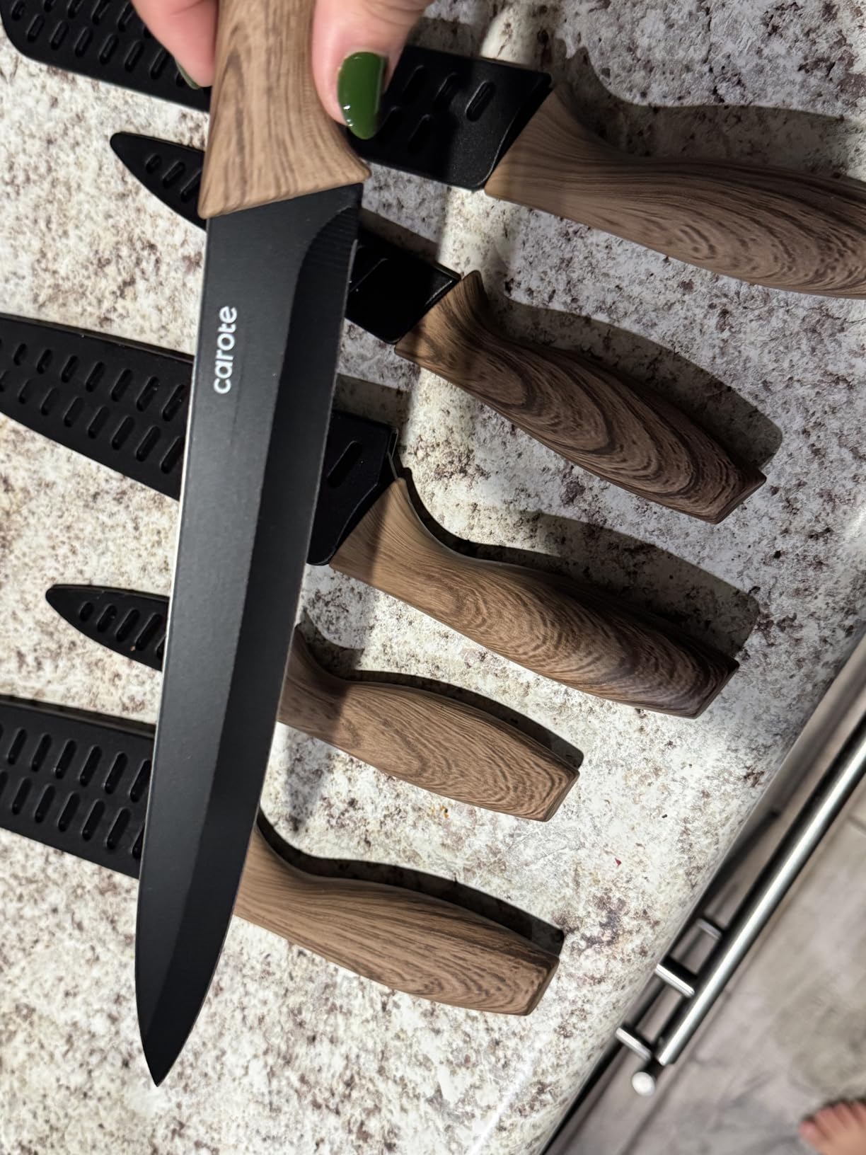 CAROTE 12-Piece Knife Set, Knives with Wood-Grain Finish Handles, Black | 6 Blade Guards, Stainless Steel Blade, Ceramic Nonstick Coating, Long-Lasting Sharpness, Rust-Resistant, Kitchen, Camping, RV customer photo 2